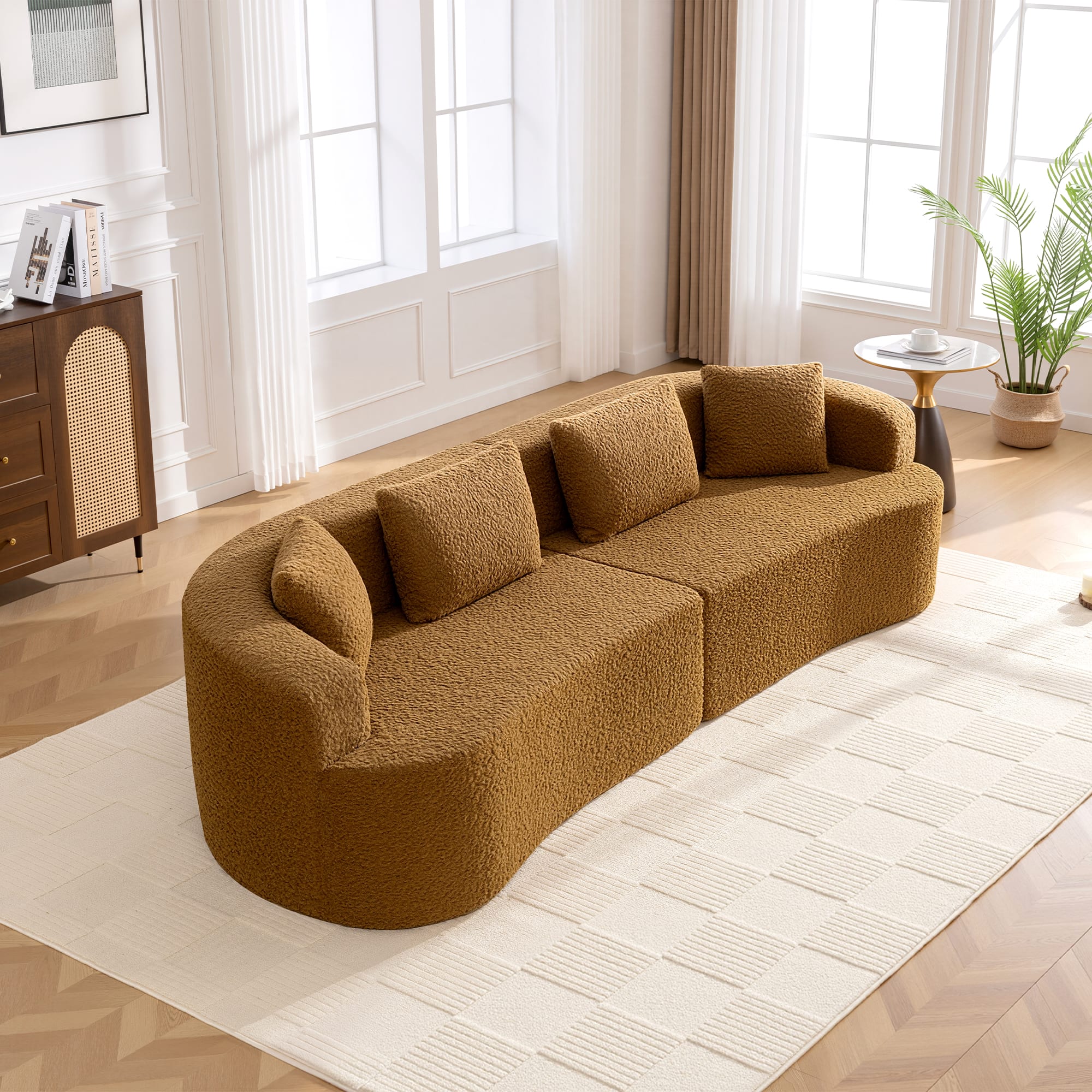 KERDOM - 112" Corduroy Curved Sectionals Sofa with 4 Pillows, Teddy Plush Floor Couch for Living Room and Apartment, No Install - Brown