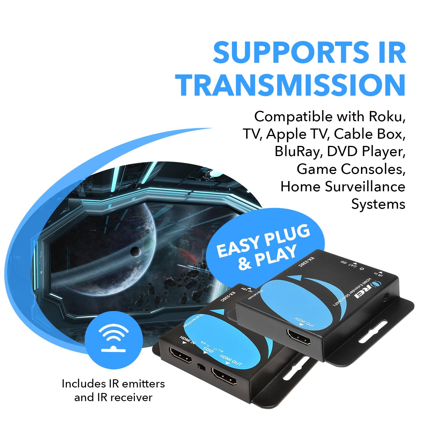 The text from the image can be grouped and corrected as follows:

**Supports IR Transmission**
- Compatible with Roku, TV, Apple TV, Cable Box, BluRay, DVD Player, Game Consoles, Home Surveillance Systems

**Easy Plug & Play**

**Features:**
- Includes IR emitters and IR receiver

**Model:**
- EX3 AI REI 04CS

**Specifications:**
- HDMI II
- EDID
- HOMI OUT