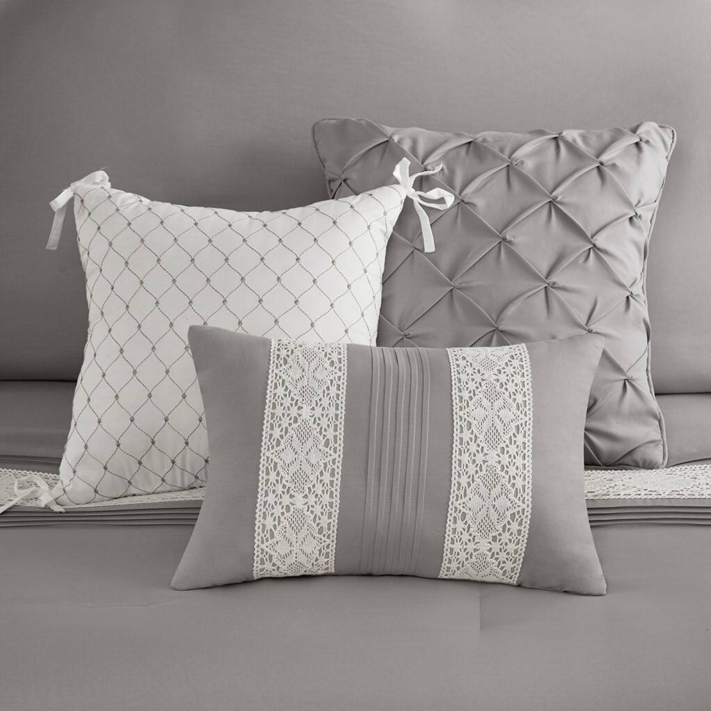 Alt View 2. Gracie Mills - Gracie Mills 7-Piece Farmhouse Lace Trim Comforter Set with Throw Pillows - Grey.