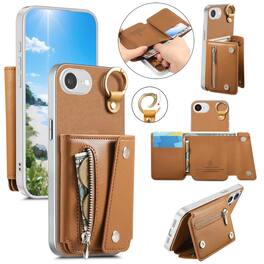 Dteck - PU Leather Zipper Wallet Phone Case for Apple iPhone 17e with Ring Buckle, Shockproof Kickstand Protective Cover - Brown