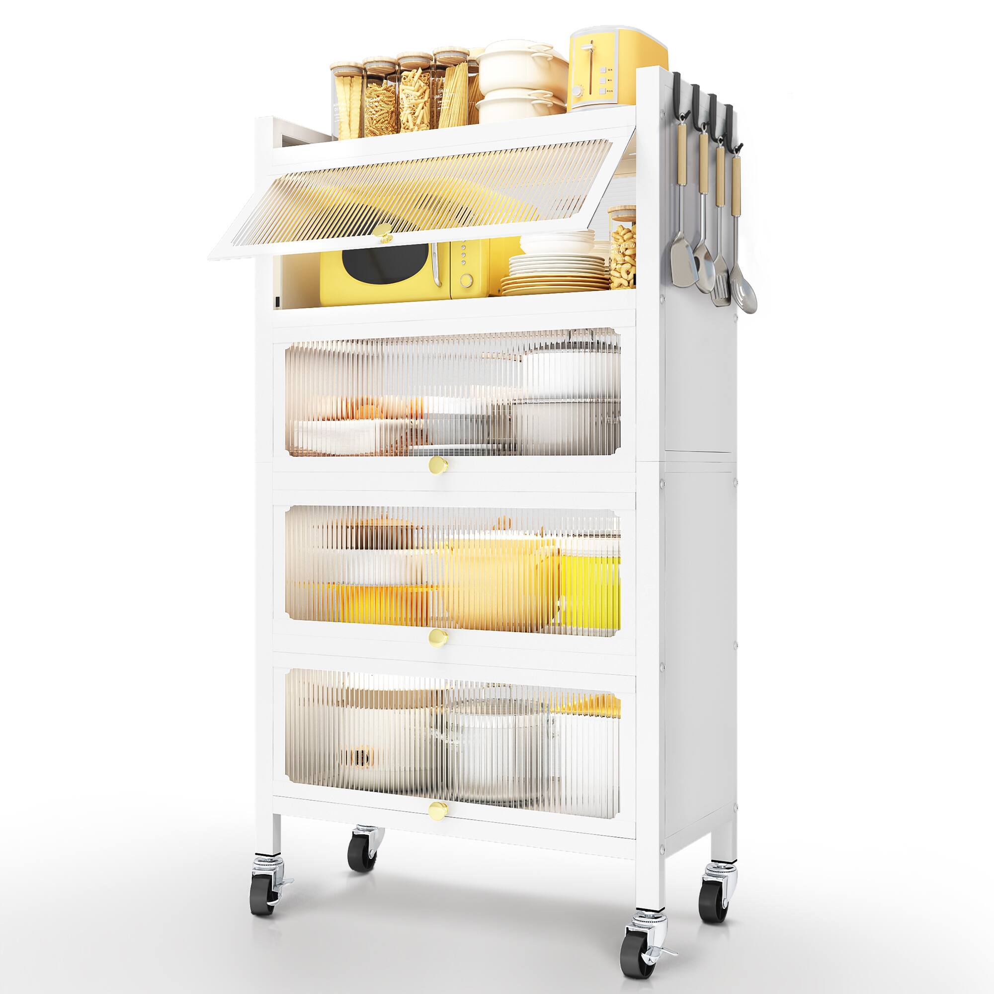 Front. Malletson - 4 Door Accent Cabinet, 5 Tier Kitchen Organizer Shelf - White.