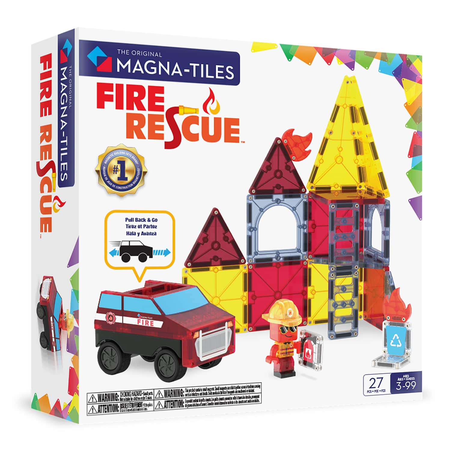 THE ORIGINAL MAGNA-TILES  
FIRE RESCUE  

#1 Best Seller in Construction Toys  

Pull Back & Go  
Hala y Avanza  

27 Pieces  
Ages 3-99  

WARNING: CHOKING HAZARD - Small parts. Not for children under 3 years.  
ATTENTION: PELIGRO DE AHOGO - Piezas pequeñas. No apto para menores de 3 años.  
ATTENTION: ATTENTION: ATTENTION: