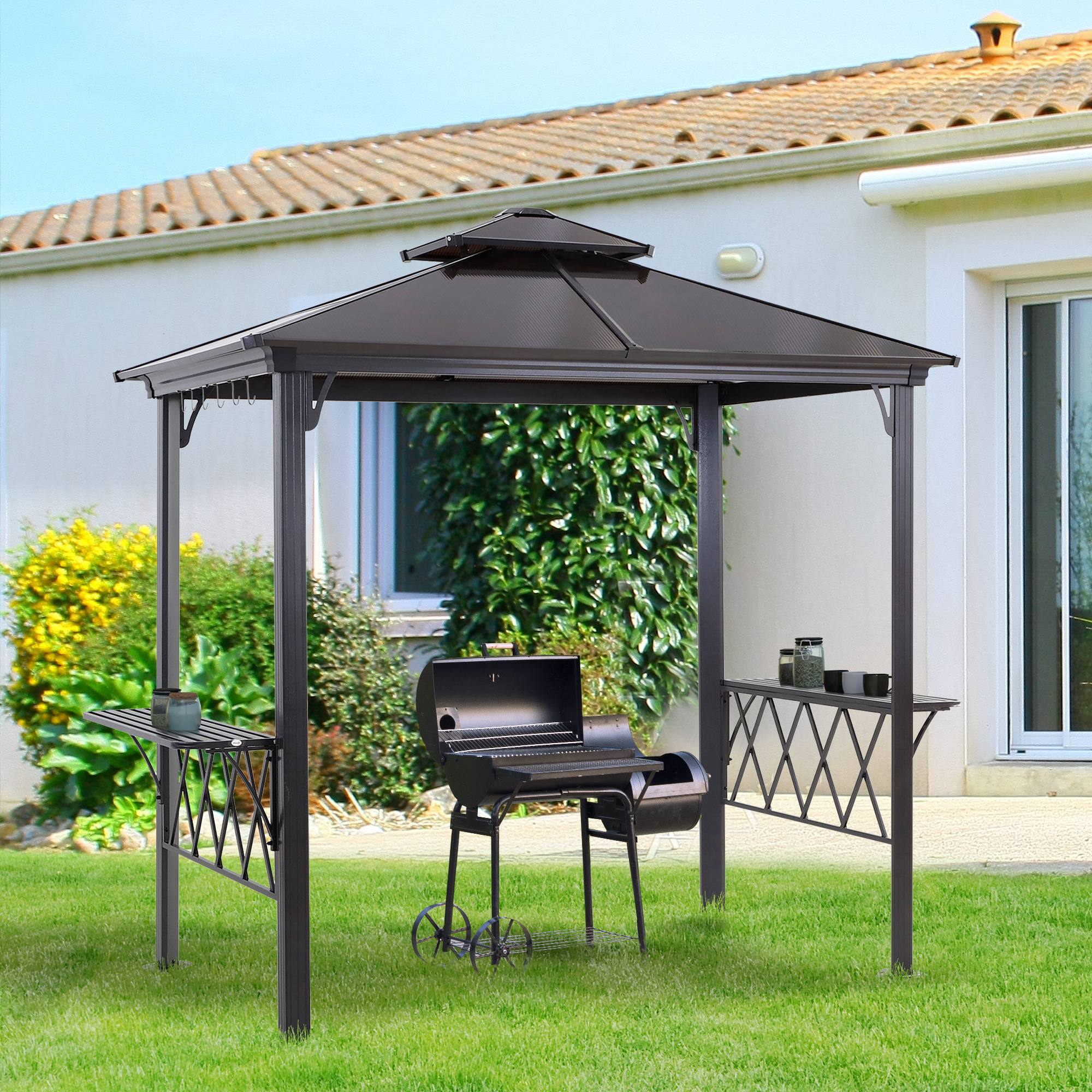 Alt View 1. Outsunny - 9' x 5' Grill Gazebo, Hardtop BBQ Gazebo Canopy with 2-Tier Polycarbonate Roof, Shelves Serving Tables and Hooks - Black.