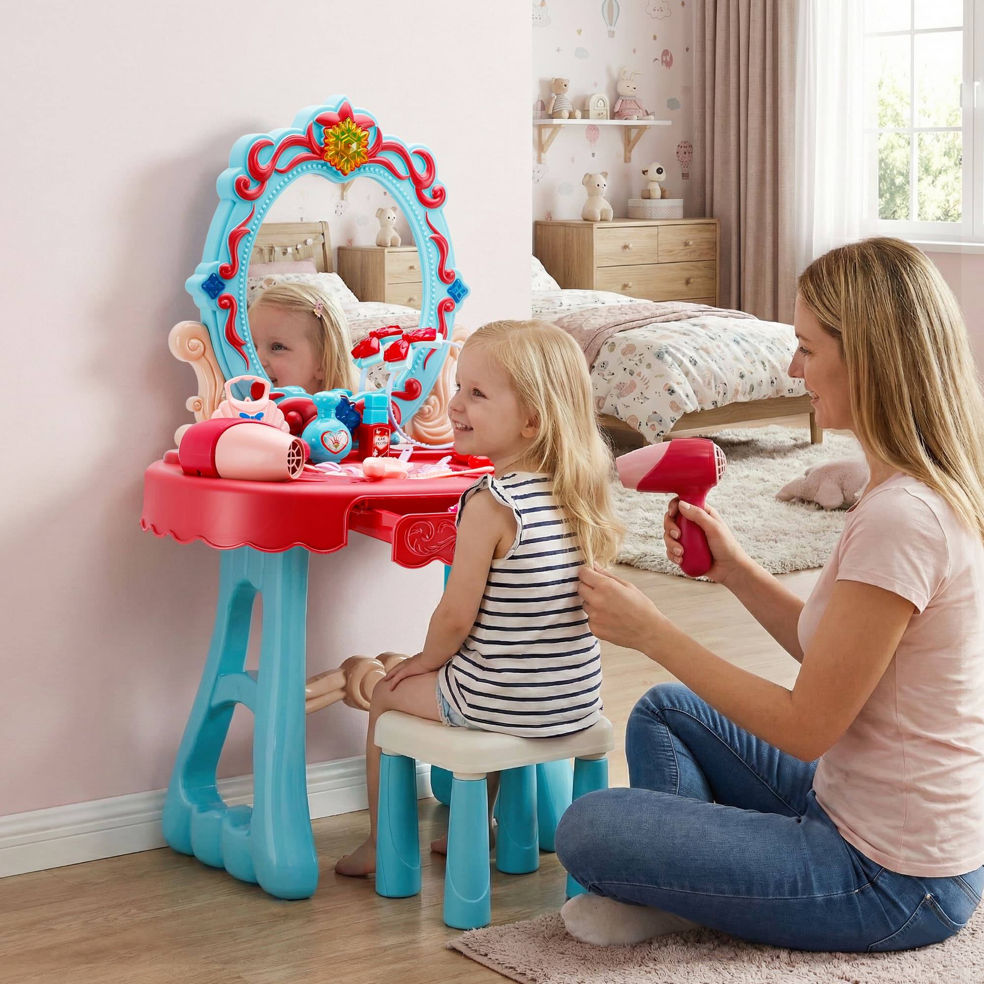 Alt View 6. Topteng - Kids Vanity Set with Lights & Music, 29PCS Accessories - Includes Mirror, Stool, Hair Dryer, Safe for Girls.