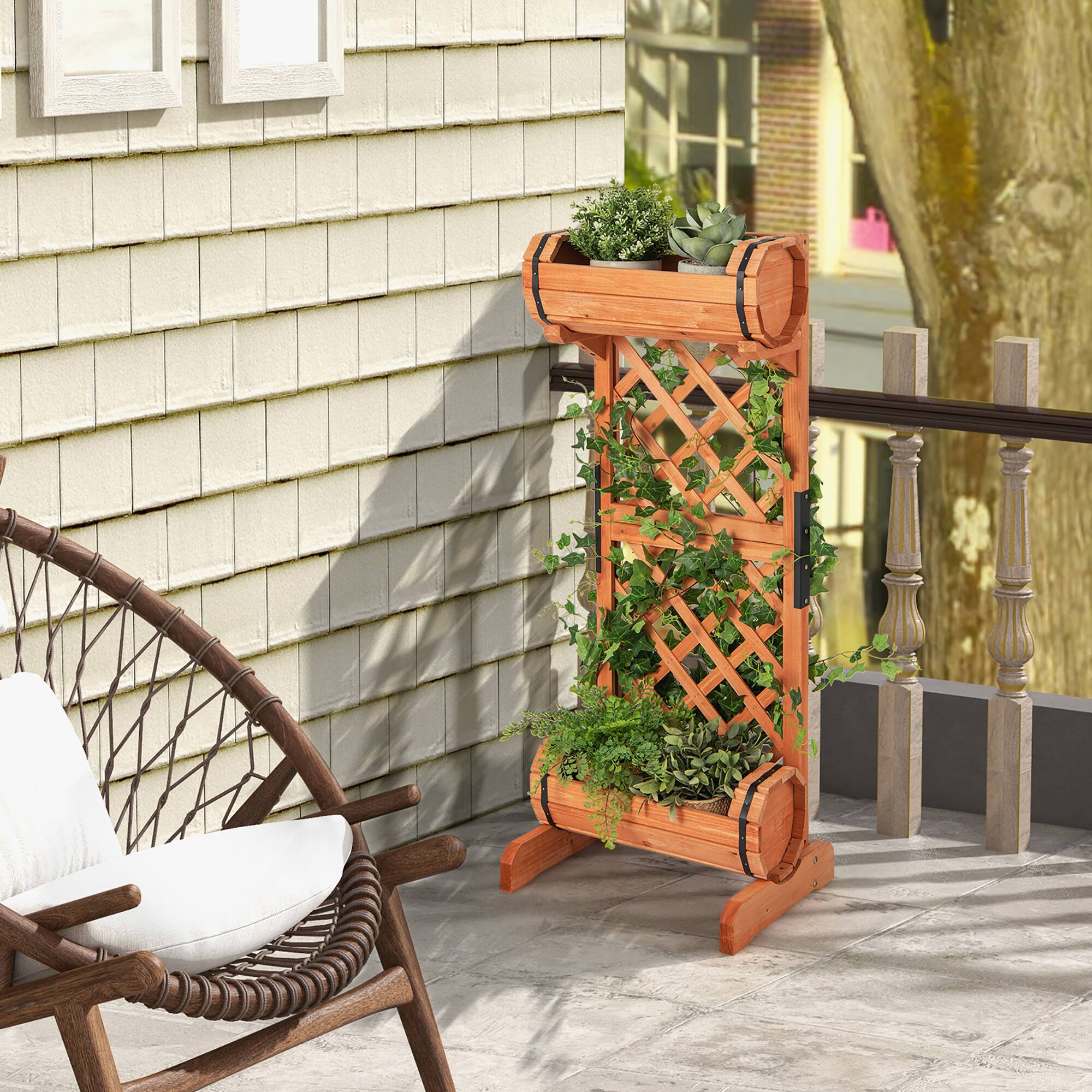 Alt View 3. Costway - 2-Tier Planter Box Raised Garden Bed Vertical Wooden Container with Trellis - Orange.