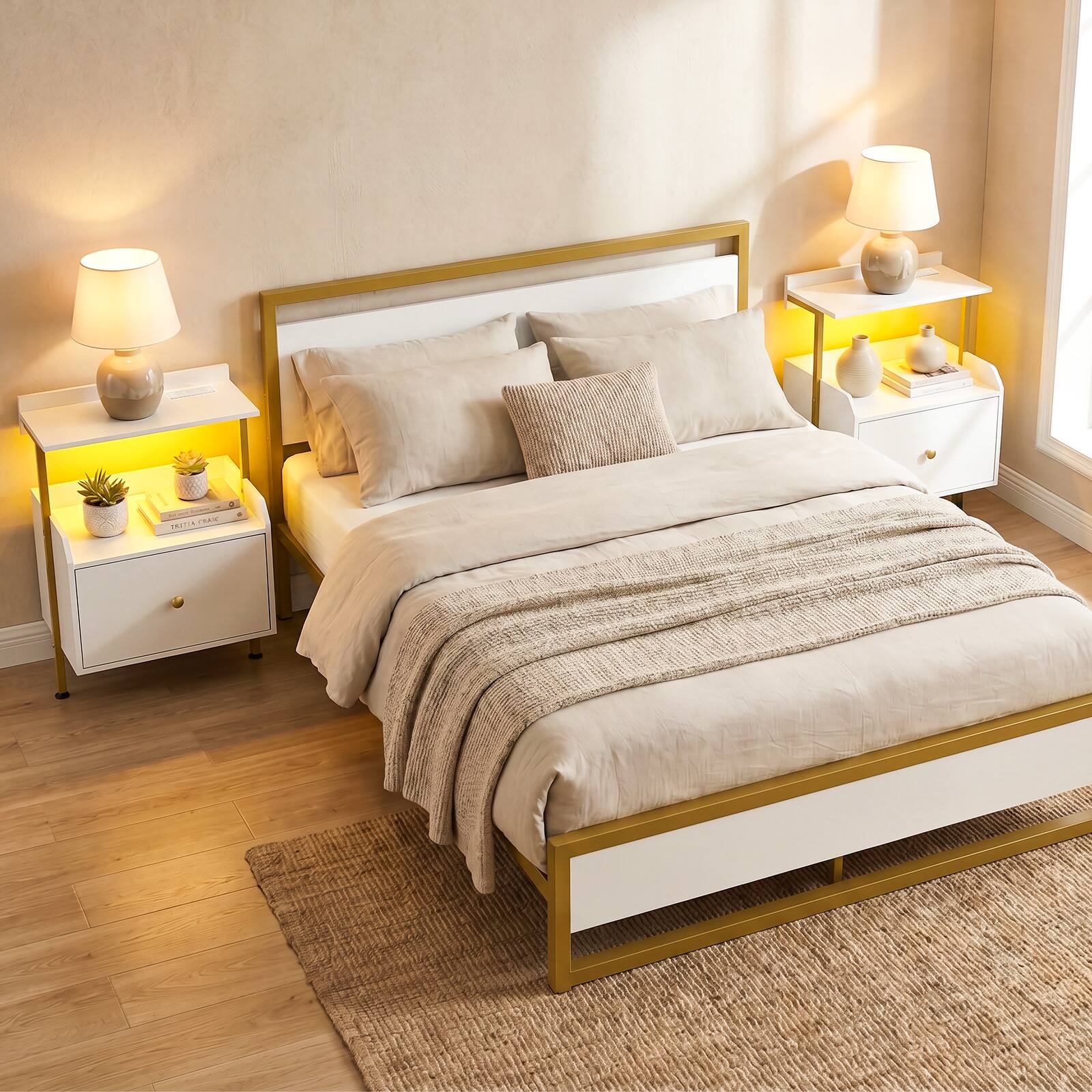 The image shows a neatly arranged bedroom with a bed in the center. The bed has a white frame with gold accents and is covered with beige bedding. On either side of the bed are white nightstands with gold handles, each topped with a lamp and a small potted plant. The room has a warm, inviting ambiance with soft lighting.