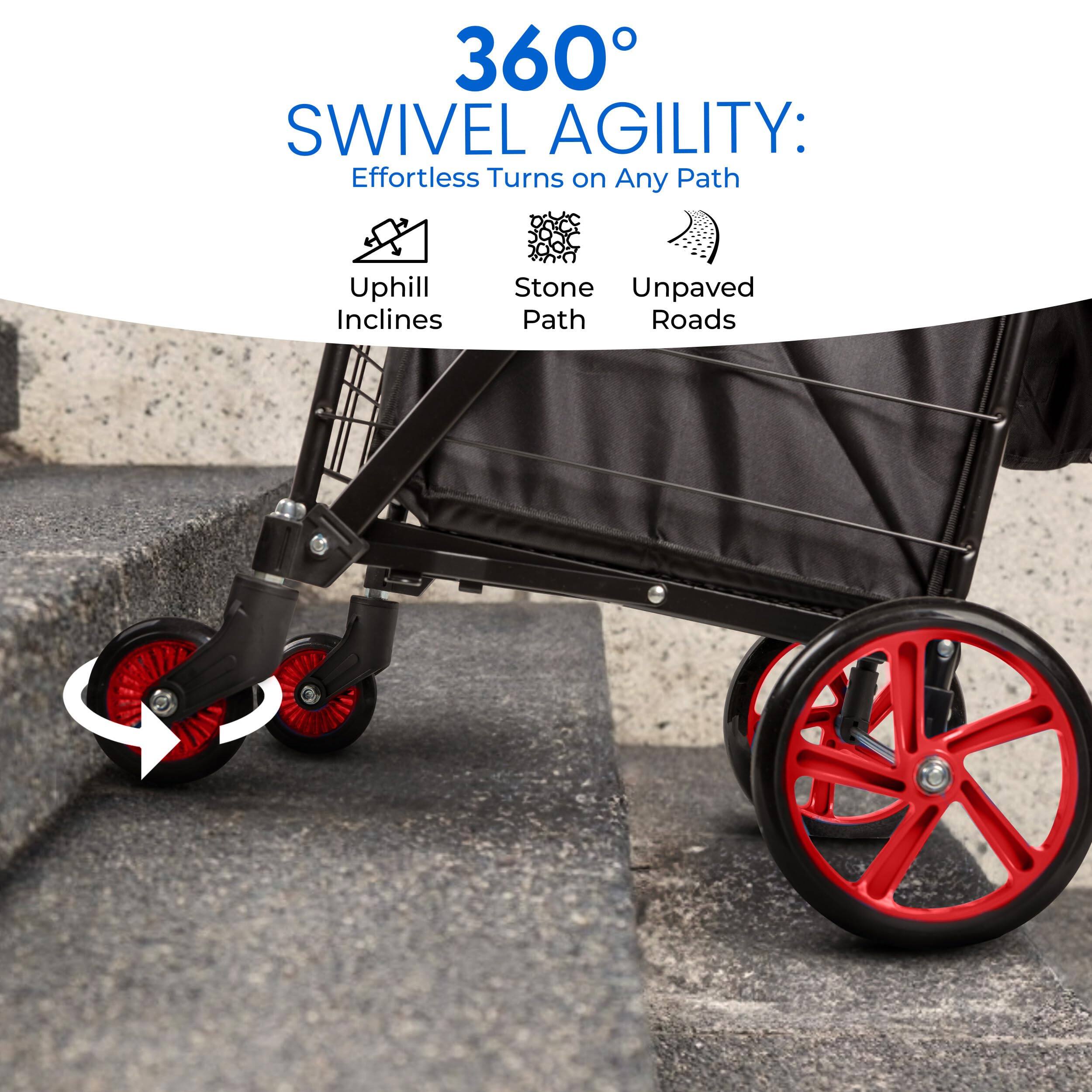 360° SWIVEL AGILITY: Effortless Turns on Any Path  
- Uphill Inclines  
- Stone Path  
- Unpaved Roads