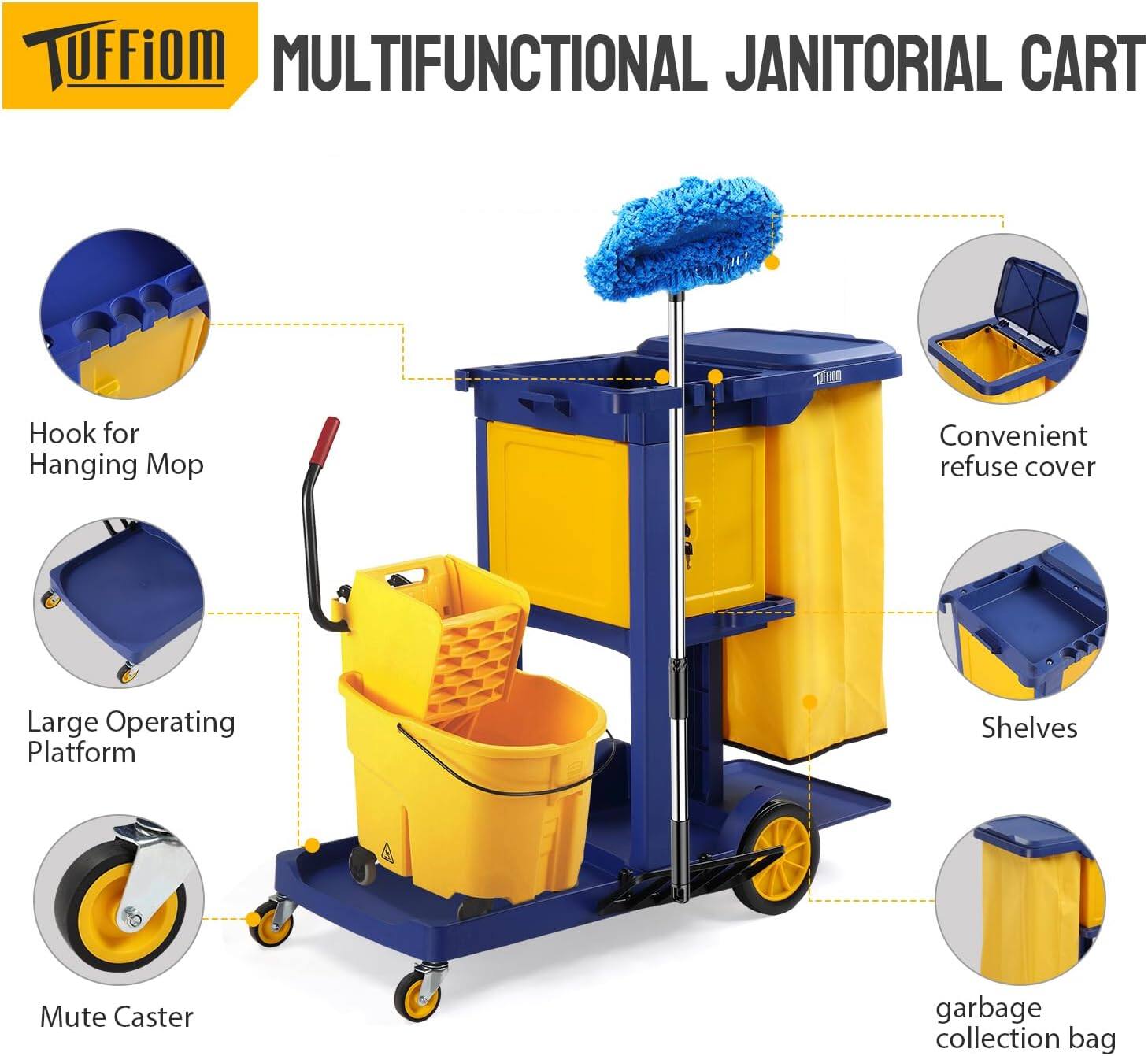 TUFFiom MULTIFUNCTIONAL JANITORIAL CART

- Hook for Hanging Mop
- Large Operating Platform
- Mute Caster
- Convenient refuse cover
- Shelves
- garbage collection bag