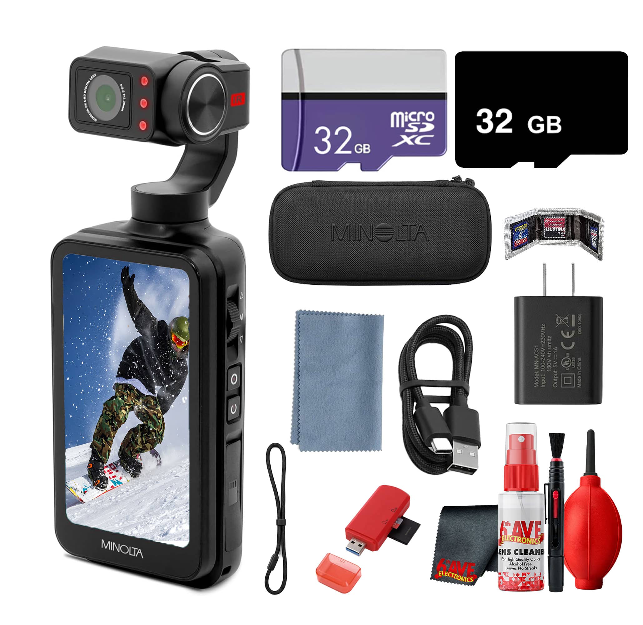 Minolta - MN5KG100 5K 48MP Gimbal Pocket Camcorder Bundle 32GB SD