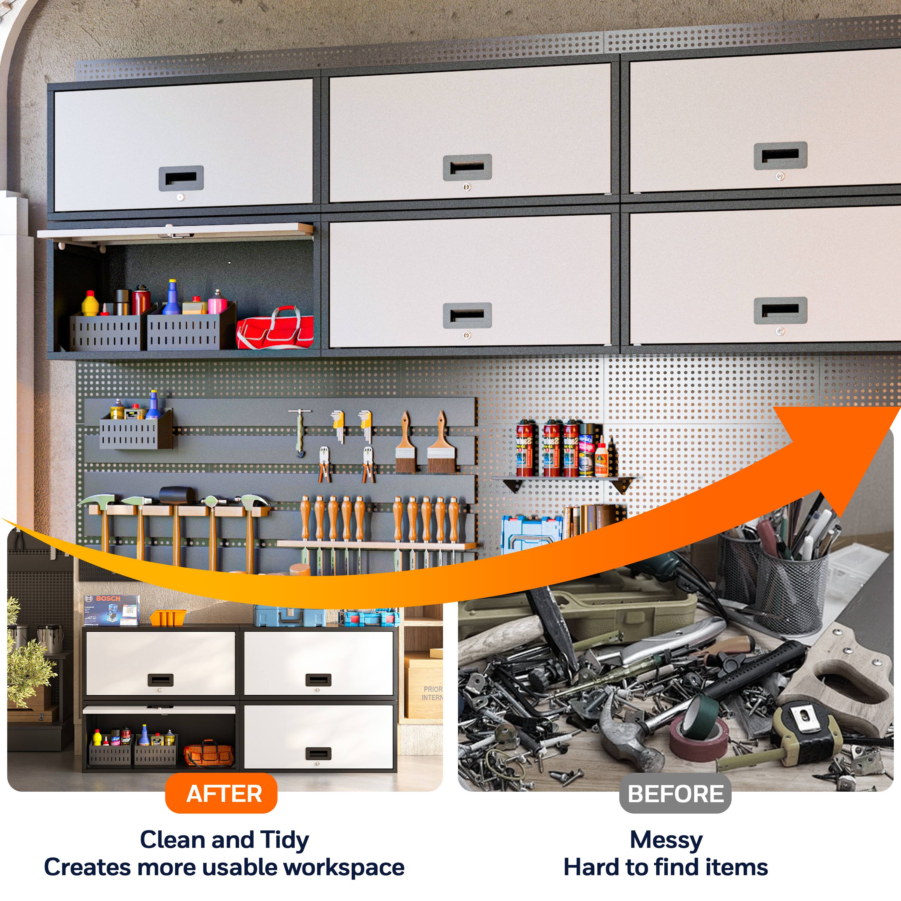 **AFTER**  
Clean and Tidy  
Creates more usable workspace

**BEFORE**  
Messy  
Hard to find items