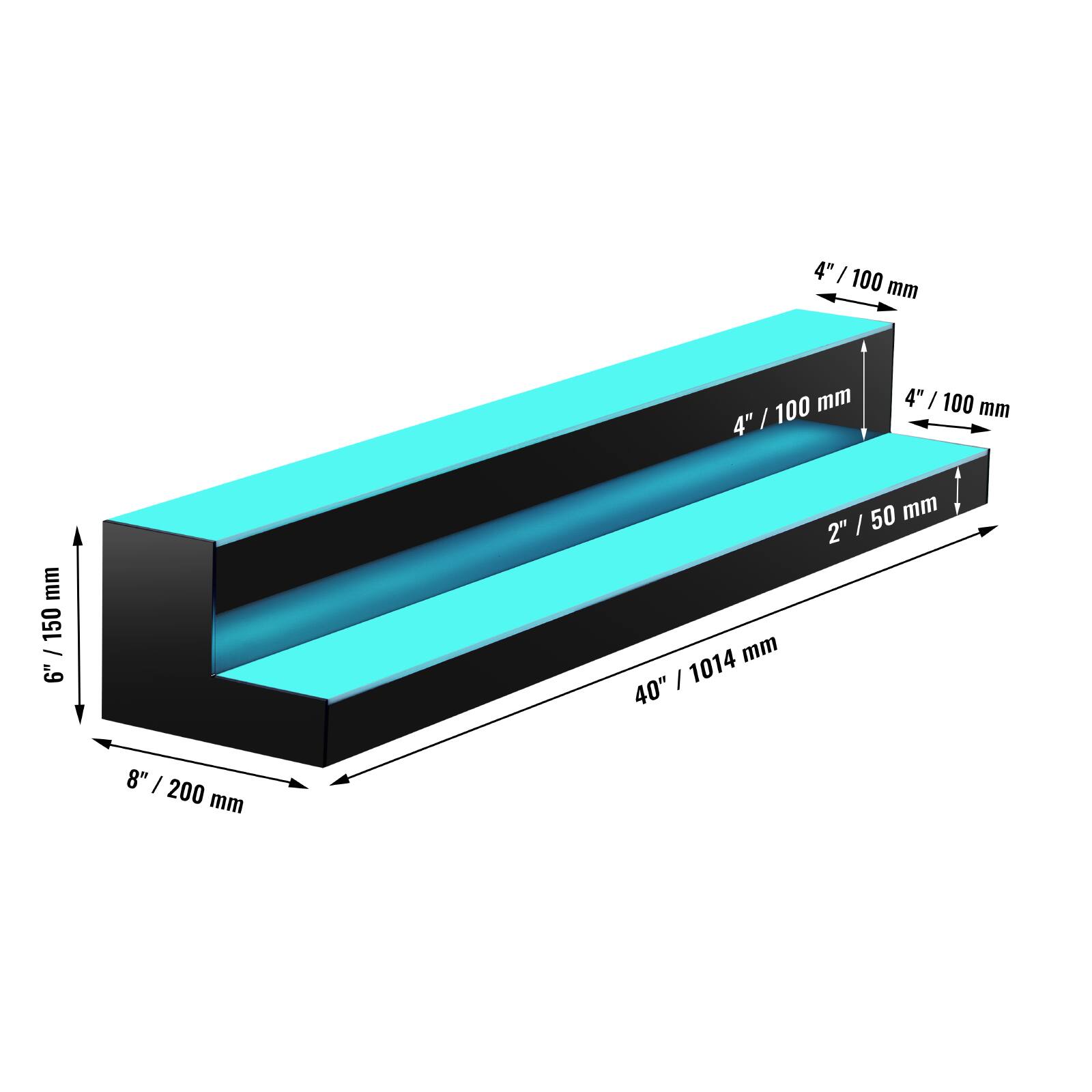 4" / 100 mm  
4" / 100 mm  
2" / 50 mm  
6" / 150 mm  
8" / 200 mm  
40" / 1014 mm