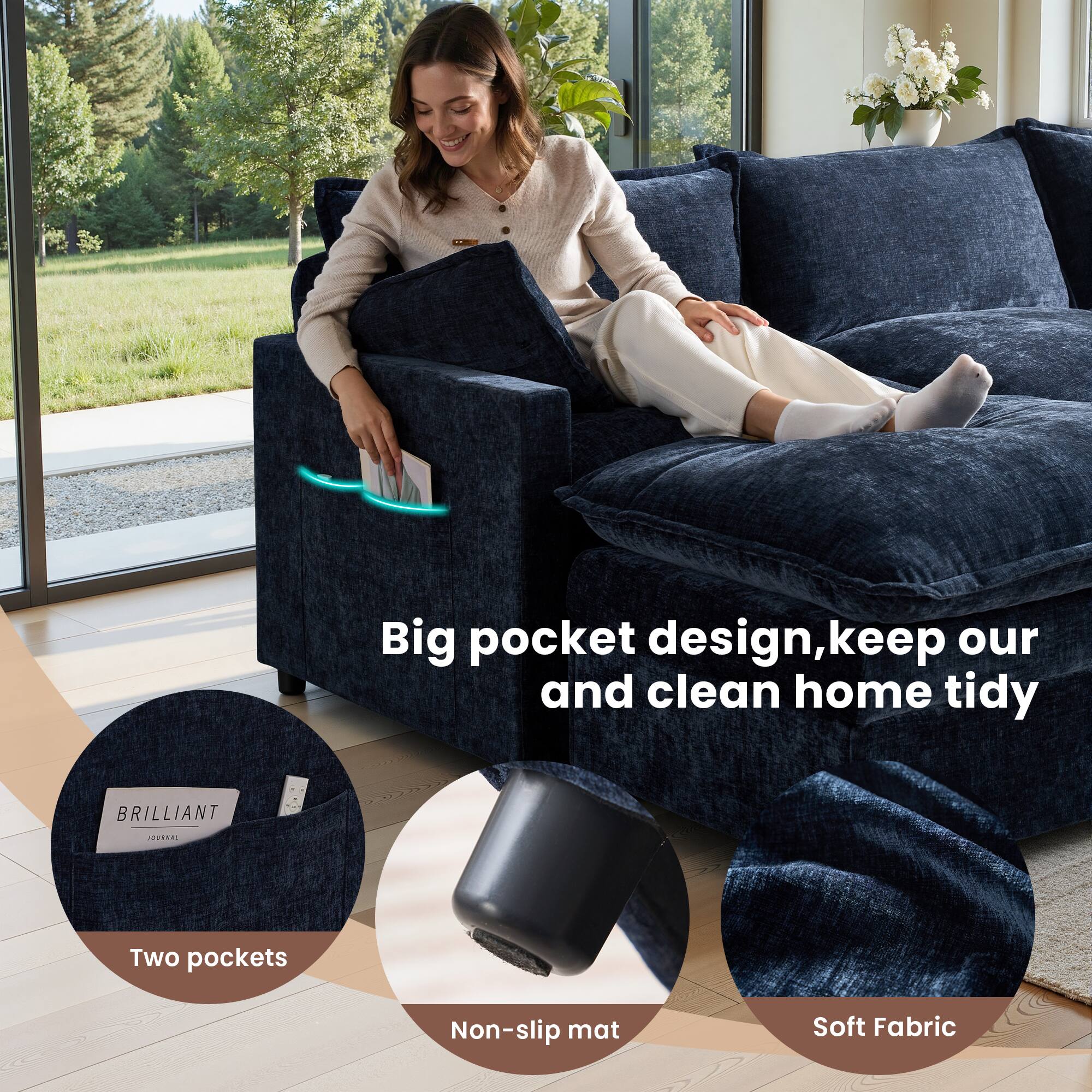 Big pocket design, keep our and clean home tidy  
BRILLIANT  

Two pockets  
Non-slip mat  
Soft Fabric