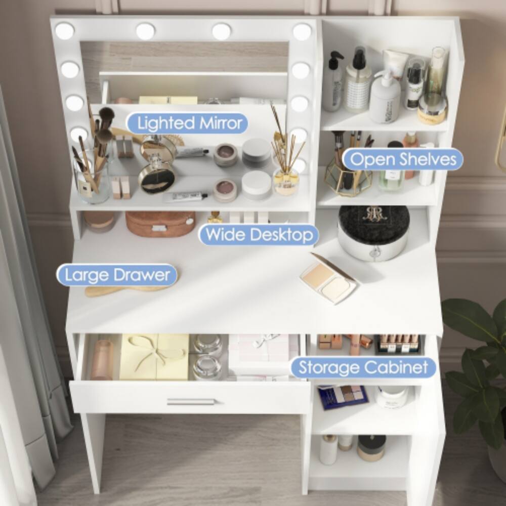Lighted Mirror Open Shelves Wide Desktop Large Drawer Storage Cabinet