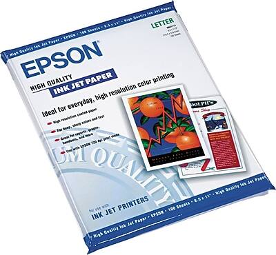 EPSON  
HIGH QUALITY INK JET PAPER  
Ideal for everyday, high resolution color printing  
- Fine, bright, sharp colors  
- Excellent for photos, graphics, and text  
- Resistant to fading, smudging, and water  
- High quality ink jet paper for Epson printers  

For INK JET PRINTERS  
100 Sheets  
8.5" x 11"  
- High Quality Ink Jet Paper  
- Epson Quality  

EPSON  
HIGH QUALITY INK JET PAPER  
Ideal for everyday, high resolution color printing  
- Fine, bright, sharp colors  
- Excellent for photos, graphics, and text  
- Resistant to fading, smudging, and water  
- High quality ink jet paper for Epson printers  

For INK JET PRINTERS  
100 Sheets  
8.5" x 11"  
- High Quality Ink Jet Paper  
- Epson Quality