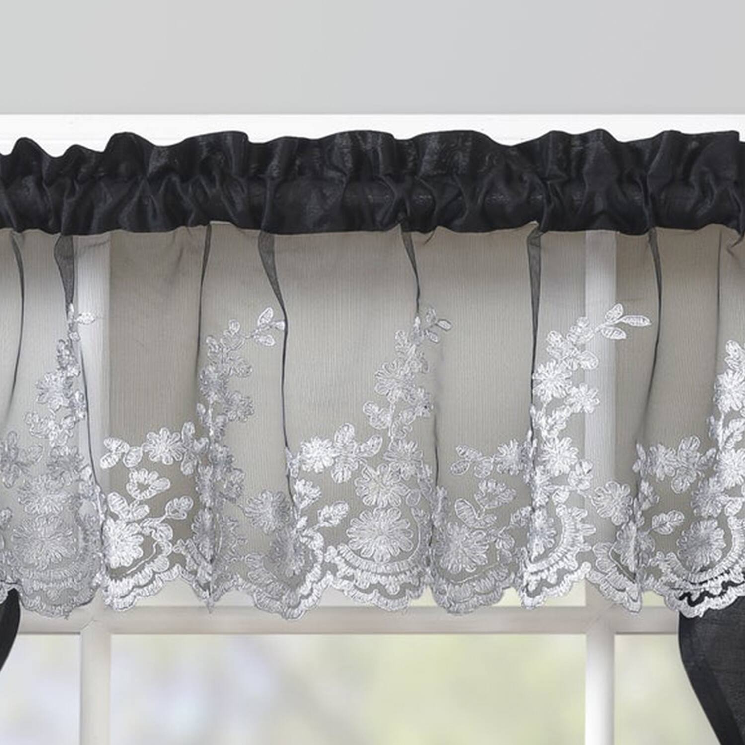 Back. RT Designers Collection - RT Designers Collection Polyester Bethany Embroidered 3 PC Kitchen Curtains Tier & Swag Set 60" x 36" Black - Black.