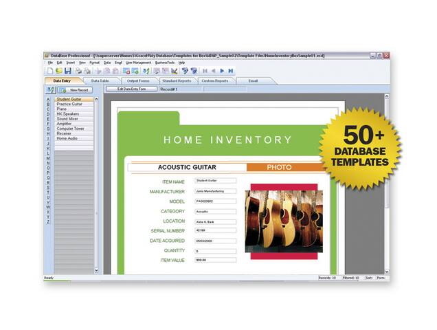 Sure, here is the corrected and grouped text from the image:

---

**Database Professional**

- **File Menu:** File, Edit, View, Insert, Format, Data Entry, Data Table, Output Forms, Standard Reports, Custom Reports, Email, Help
- **Data Entry:** New Record, Edit Data Entry Form
- **Data Table:** Edit Data Table Form
- **Output Forms:** Edit Output Form
- **Standard Reports:** Edit Standard Report
- **Custom Reports:** Edit Custom Report
- **Email:** Edit Email
- **Help:** Help

**HOME INVENTORY**

**ACOUSTIC GUITAR**

- **ITEM NAME:** Student Guitar
- **MANUFACTURER:** Jan Manufacturing
- **MODEL:** PA020902
- **CATEGORY:** Accessories
- **LOCATION:** Aisle 4, Bay
- **SERIAL NUMBER:** 4-199
- **DATE ACQUIRED:** 06/000000
- **QUANTITY:** 1
- **ITEM VALUE:** 999.99

**PHOTO**

**50+ DATABASE TEMPLATES**

---

**Student Guitar**

**Practice Guitar**

**Piano**

**HK Speakers