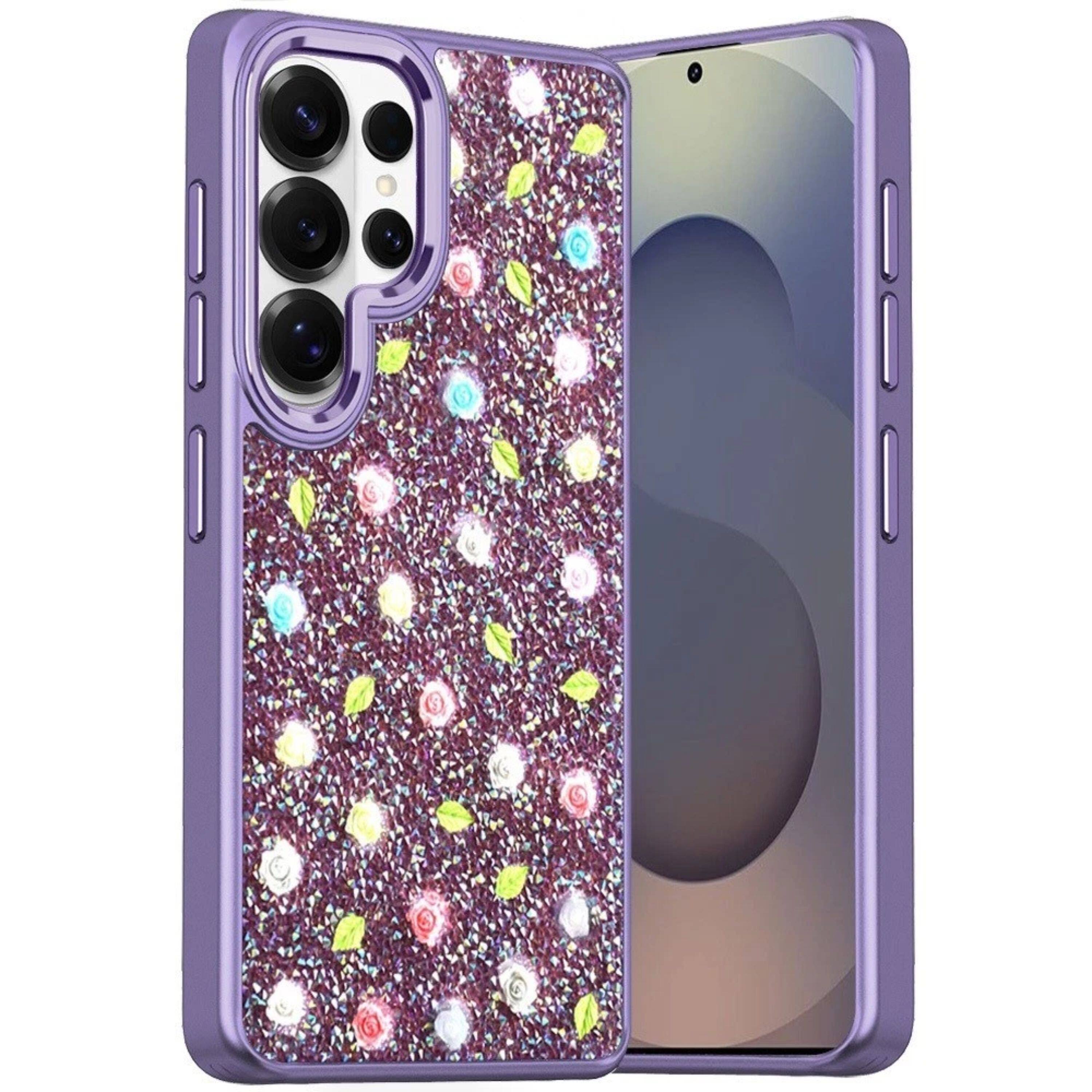 Angle. Kitcheniva - Bling Diamond With Tiny Roses Glitter Plus Tempered Glass For Samsung S26 Ultra Purple - Purple.