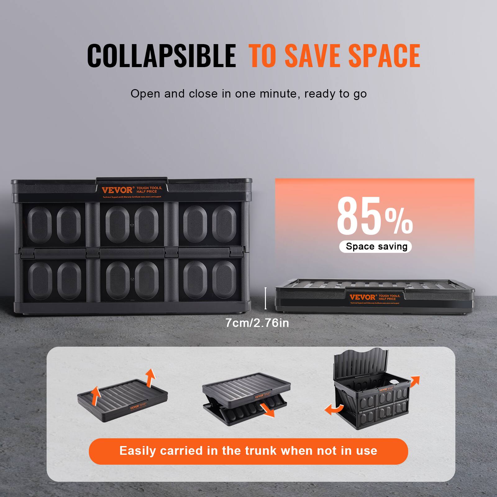 COLLAPSIBLE TO SAVE SPACE  
Open and close in one minute, ready to go  

85% Space saving  

7cm/2.76in  

Easily carried in the trunk when not in use