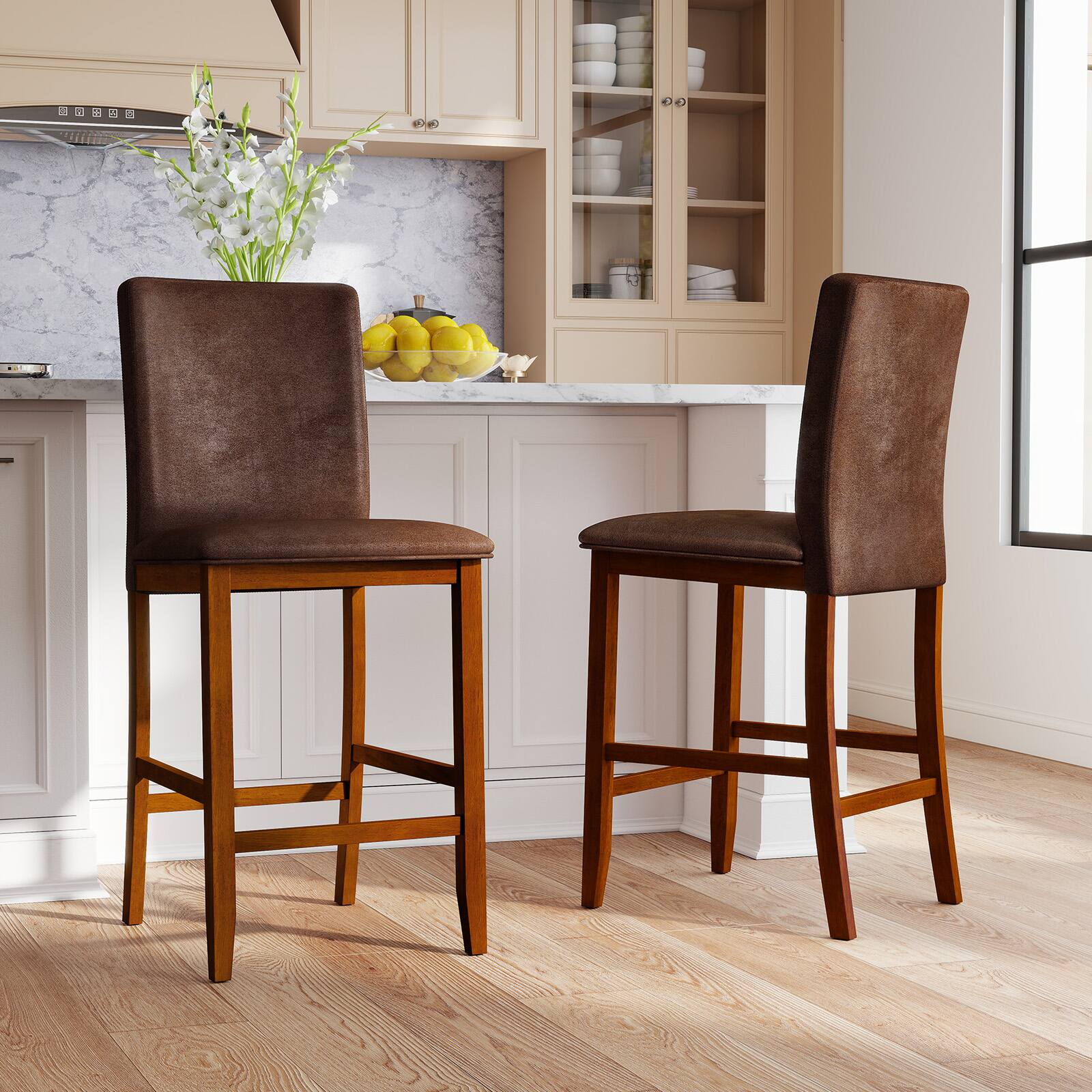 Alt View 3. Gymax - Gymax 26 Inch Counter Barstools Set of 2 w/Upholstered Seat & Backrest for Dining Room - Brown.