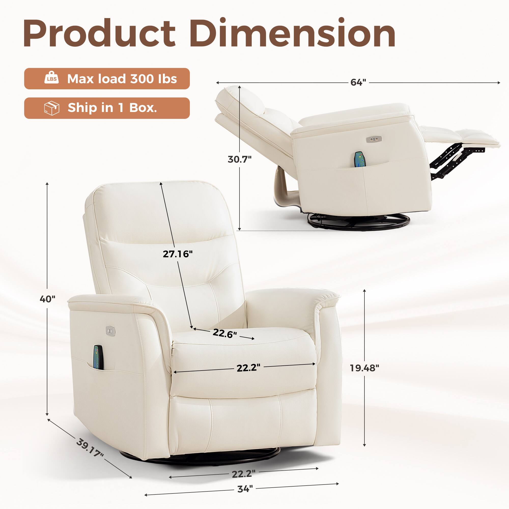 Product Dimension  
LRS  
Max load 300 lbs  
Ship in 1 Box.  

30.7"  
27.16"  
40"  
22.6"  
22.2"  
19.48"  
39.17"  
22.2"  
34"