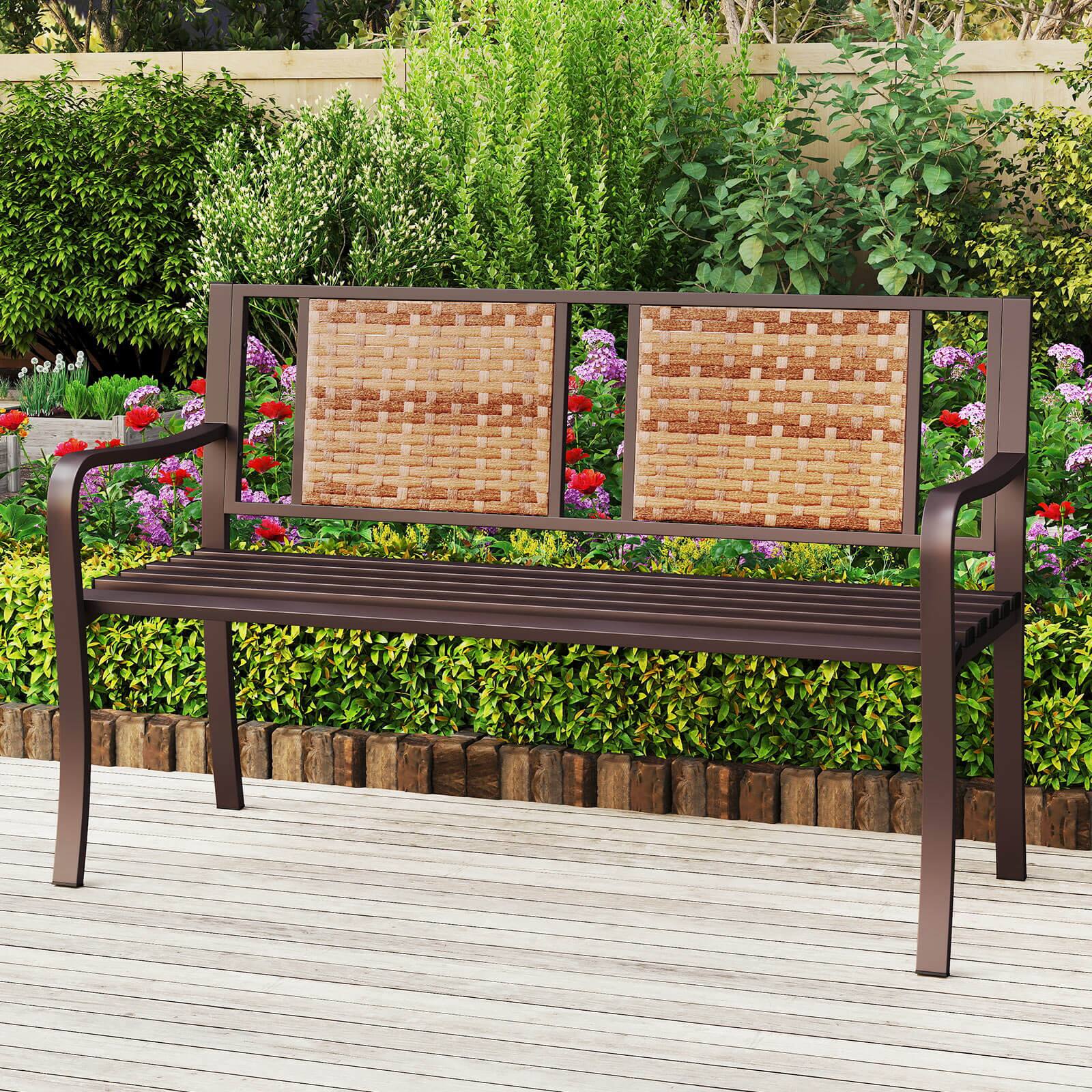 Alt View 3. Costway - Costway 51" Patio Metal Bench for 2-3 with Rattan Backrest & Curved Armrests for Backyard - Brown.