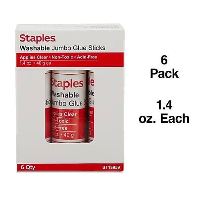 Staples Washable Jumbo Glue Sticks  
Applies Clear • Non-Toxic • Acid-Free  
1.4 oz. • 40 g ea  

6 Pack  
1.4 oz. Each  

6 Qty  
ST19959
