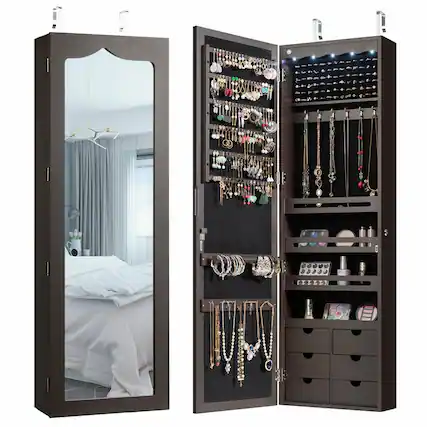 Front. Ecooso - Lockable Wall Mounted Jewelry Armoire with Full-Length Mirror, LED Lights and 6 Drawers.