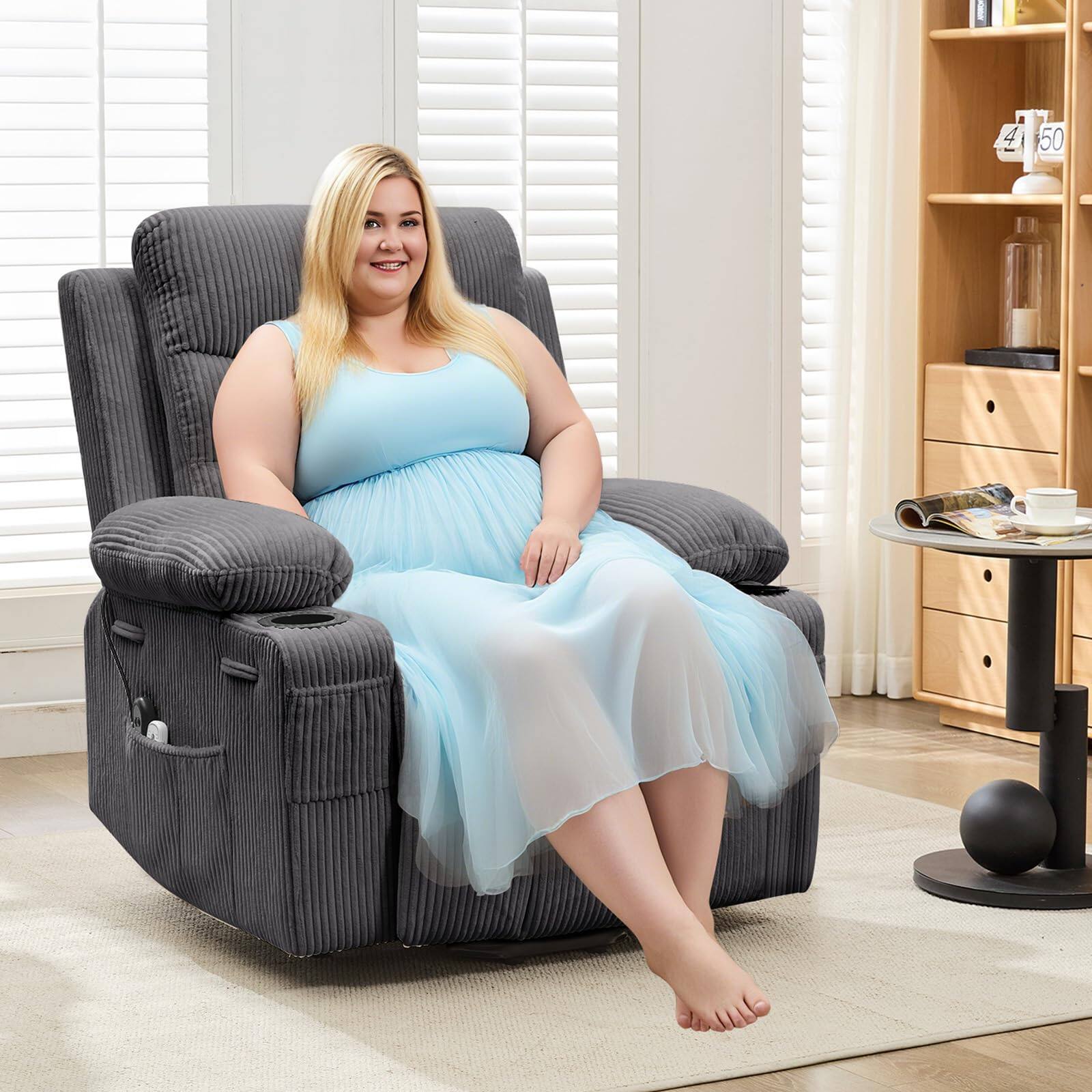 Alt View 6. Jojoka - 34.7" Oversize Electric Power Lift Recliner with Heat and Massage, Stand Assist Corduroy Recliner for Elderly - Corduroy | Grey.