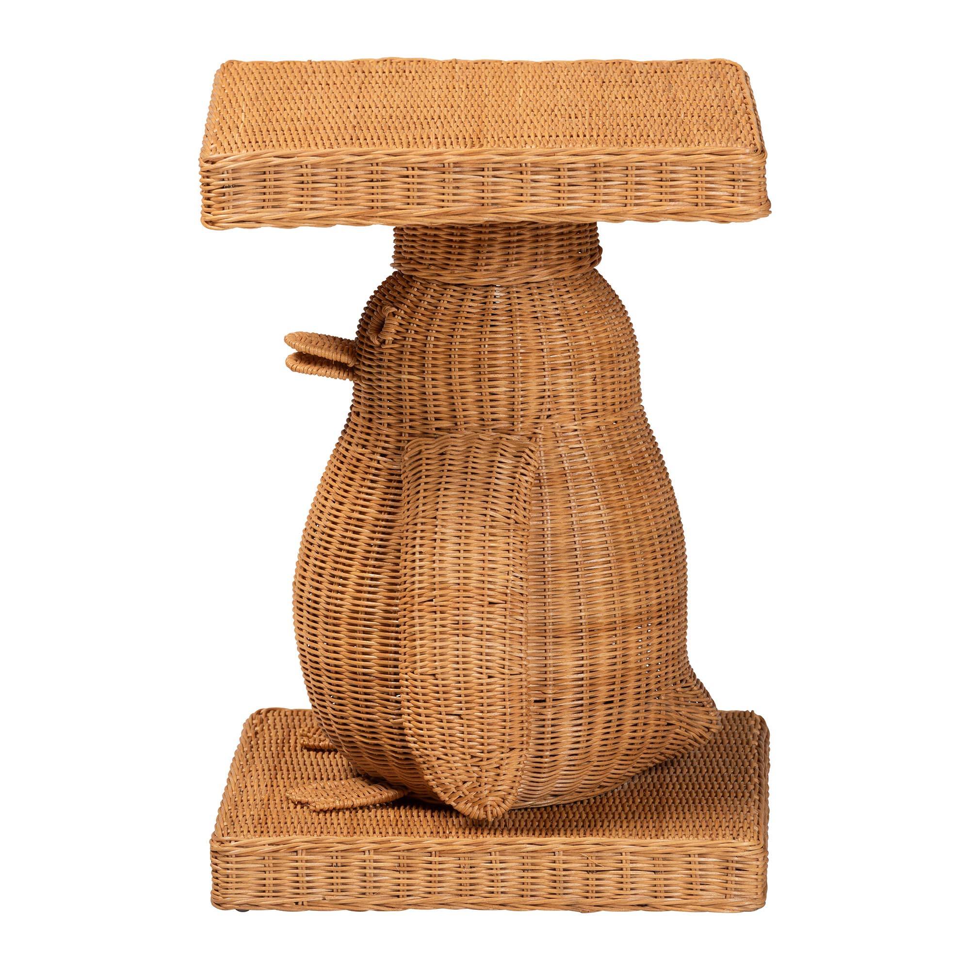 Left. bali & pari - Pembroke Penguin End Table - Handwoven Rattan Sculptural Accent Side Table with Platform Base - Light Honey.