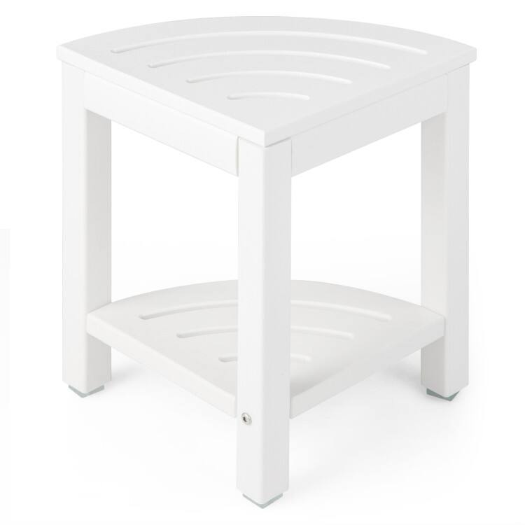 Front. SlickBlue - Heavy Duty Bathroom Corner Stool with Storage Shelf for Shower Use - White.