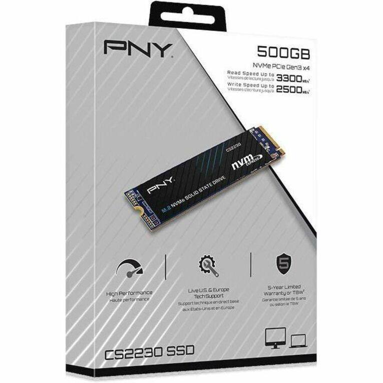PNY 500GB NVMe PCIe Gen3 x4 Read Speed Up to 3300 MB/s Write Speed Up to 2500 MB/s CS2230 NVMe BREE PNY DRIVE STATE UAE TU SOLID 2 NVMe 5 High Performance Haute Performance LiveUS & Europe TechSupport Support technique Etabs-Uns 20 en Europe S - Year Limited Warranty or WBT D CS2230 SSD
