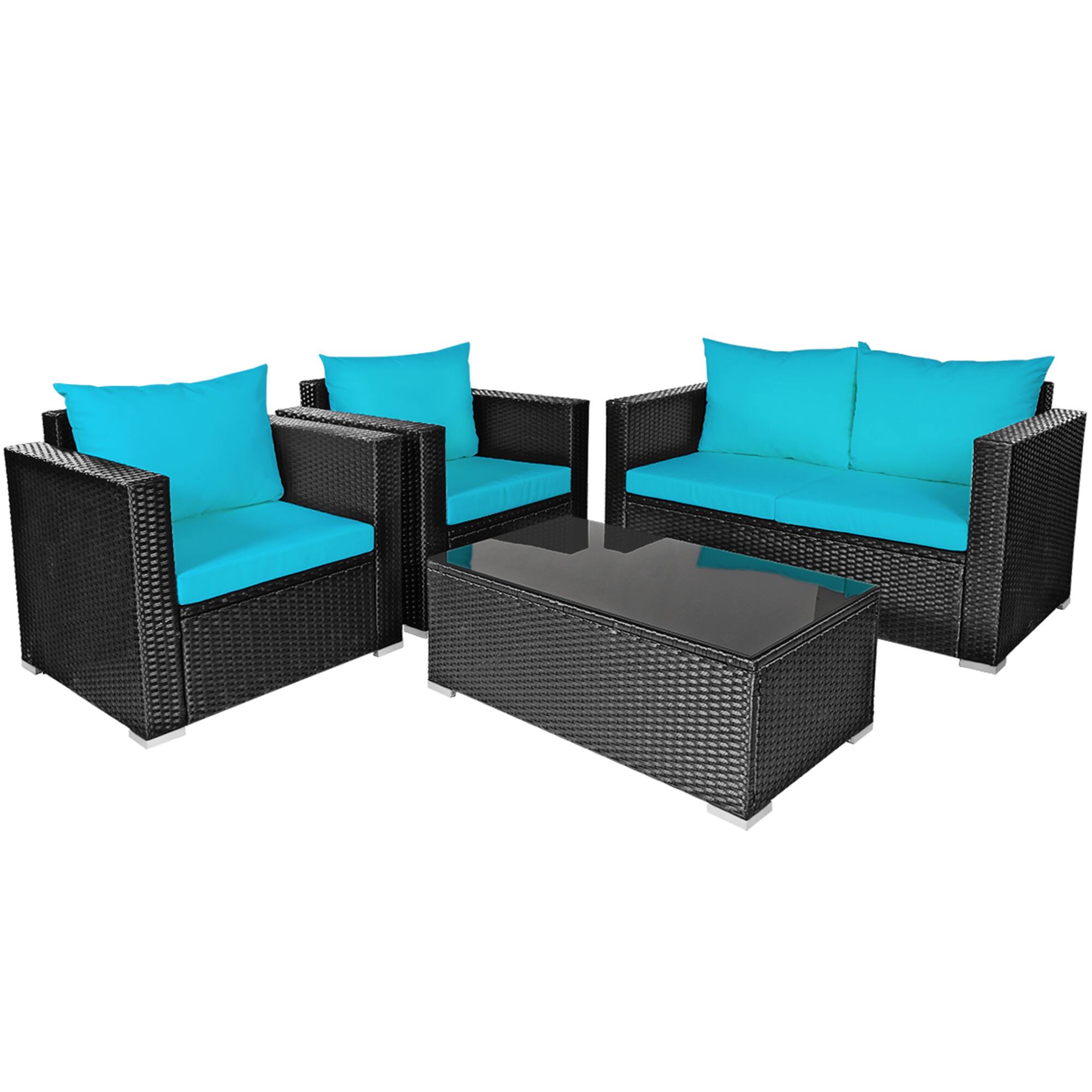 Alt View 2. Gymax - Gymax 8PCS Rattan Patio Conversation Set Outdoor Furniture Set w/ Turquoise Cushions - Turquoise.