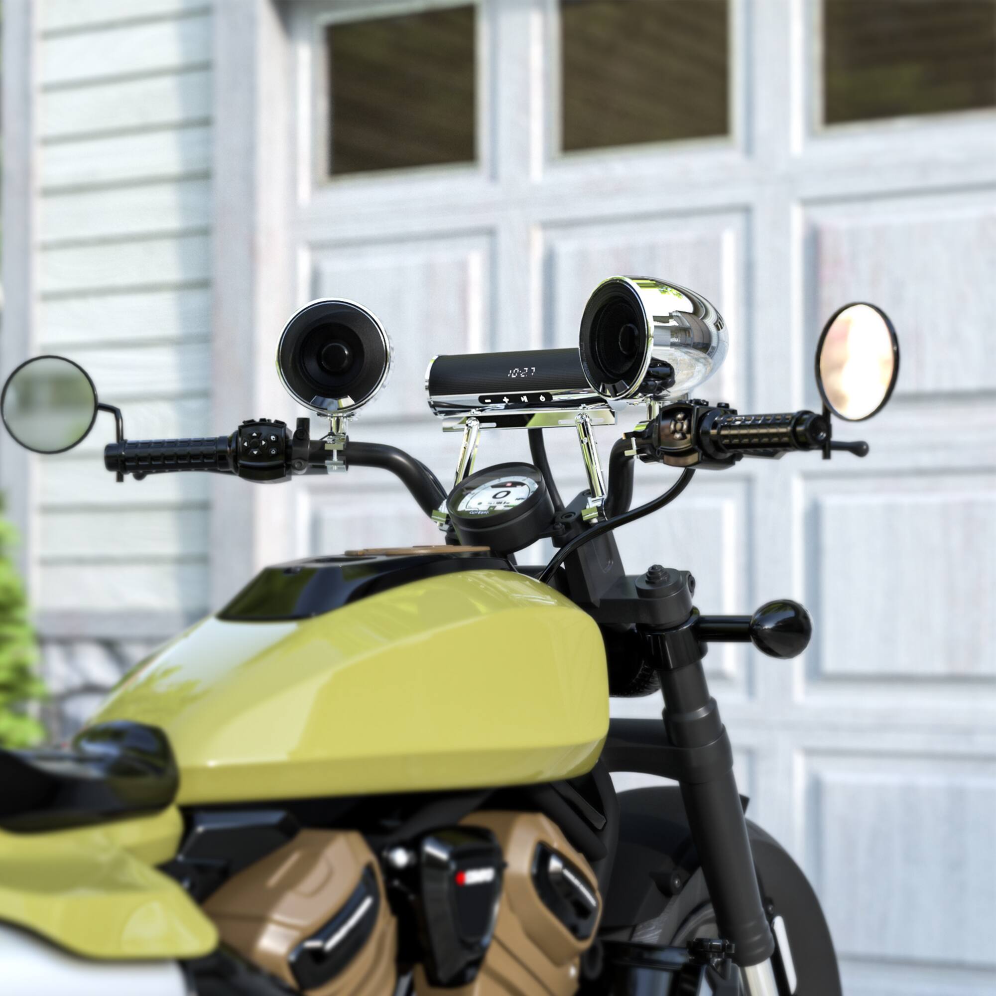 Back. GoHawk - Bluetooth Motorcycle Speakers: 2-Speaker Waterproof Aluminum Stereo Soundbar w/ 4.5" External Speakers, FM/USB Music - Chrome.