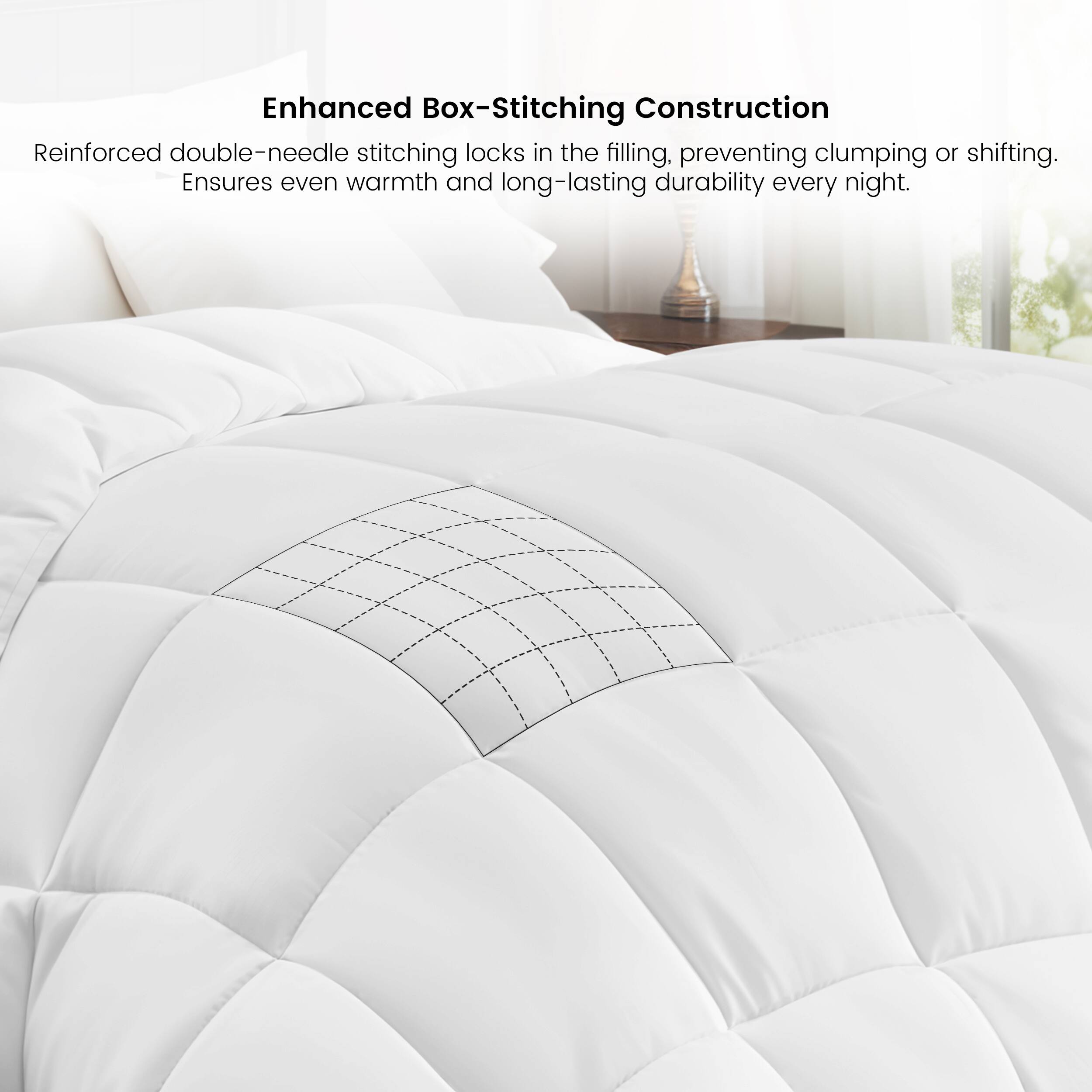 Enhanced Box-Stitching Construction

Reinforced double-needle stitching locks in the filling, preventing clumping or shifting. Ensures even warmth and long-lasting durability every night.