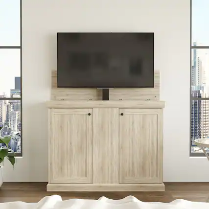Front. Famapy - Smart Lift TV Cabinet for Up to 50 Inch TV, Remote Control Media Console with Hidden Storage Entertainment Center - Wooden.