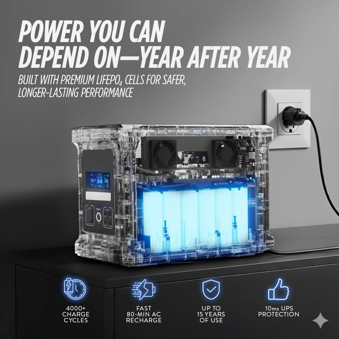 POWER YOU CAN DEPEND ON—YEAR AFTER YEAR  
BUILT WITH PREMIUM LIFEPo4 CELLS FOR SAFER, LONGER-LASTING PERFORMANCE  

4000+ CHARGE CYCLES  
FAST 80-MIN AC RECHARGE  
UP TO 15 YEARS OF USE  
10ms UPS PROTECTION