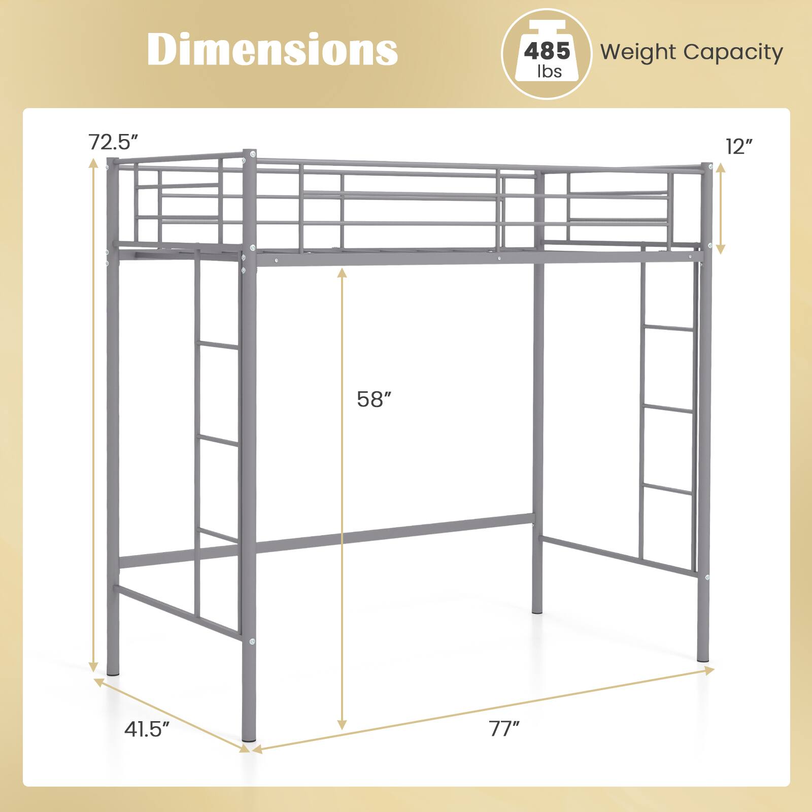 Dimensions: 485 lbs, 72.5", 12", 58", 41.5", 77"