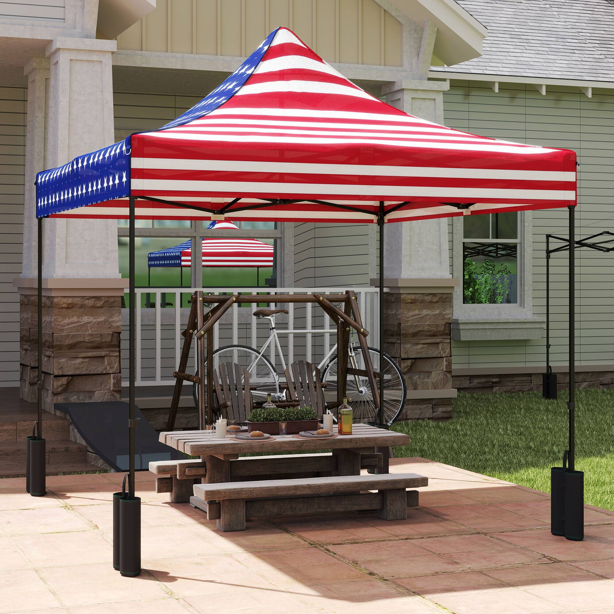 Alt View 4. Outsunny - 10' x 10' Canopy Replacement Cover with 4 Weight Bags and 8 Drainage Holes, UPF50+ Pop Up Canopy Cover Replacement Top - American Flag.