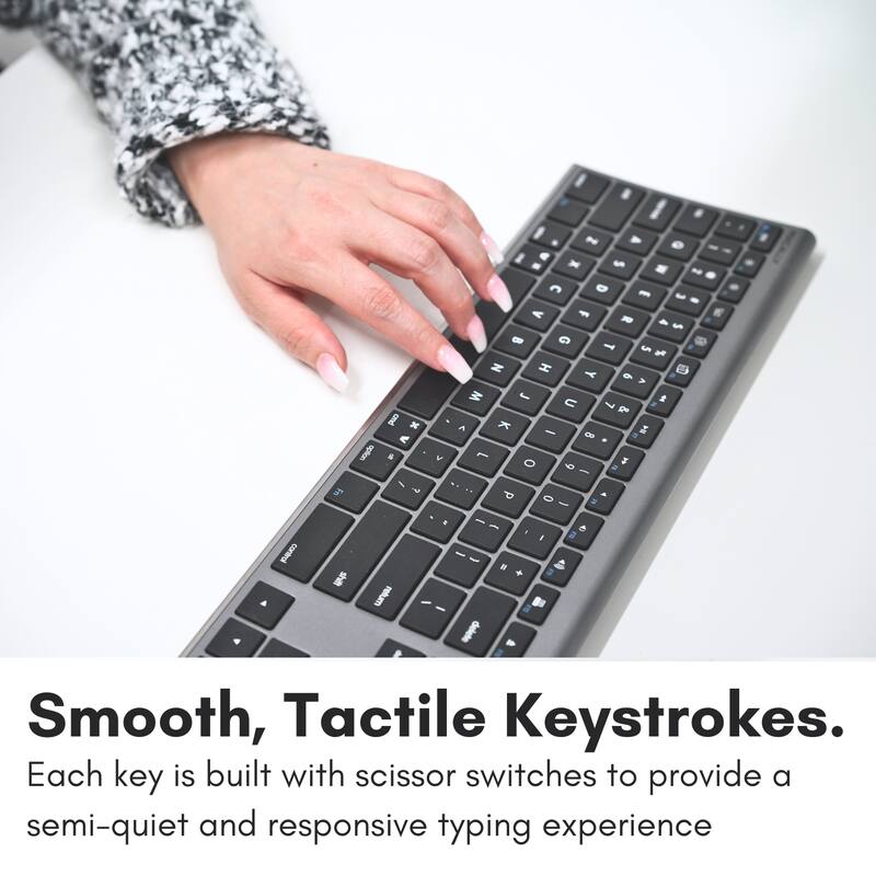 I control ~ - e I . - -  - -  D E 3 - A F - - - B 9 T 5  N H Y 9 > W -  U 7 & i N x A - I < - - option . V 1 * O 6 . - / . Fs  -  P 0 - 2 . - [  1 a I - s  i + a shi return - B - 6 Smooth, Tactile Keystrokes. Each key is built with scissor switches to provide a semi-quiet and responsive typing experience.