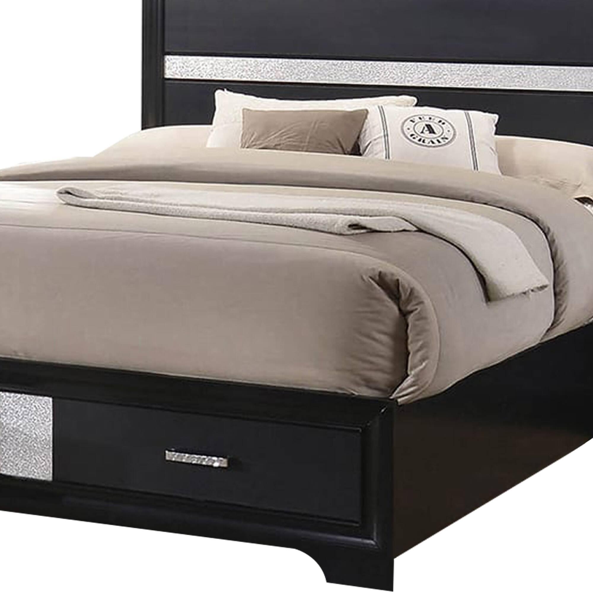 Alt View 2. Manhattan Lane - Wooden California King Size Bed with 2 Storage Drawers - Black and Silver.