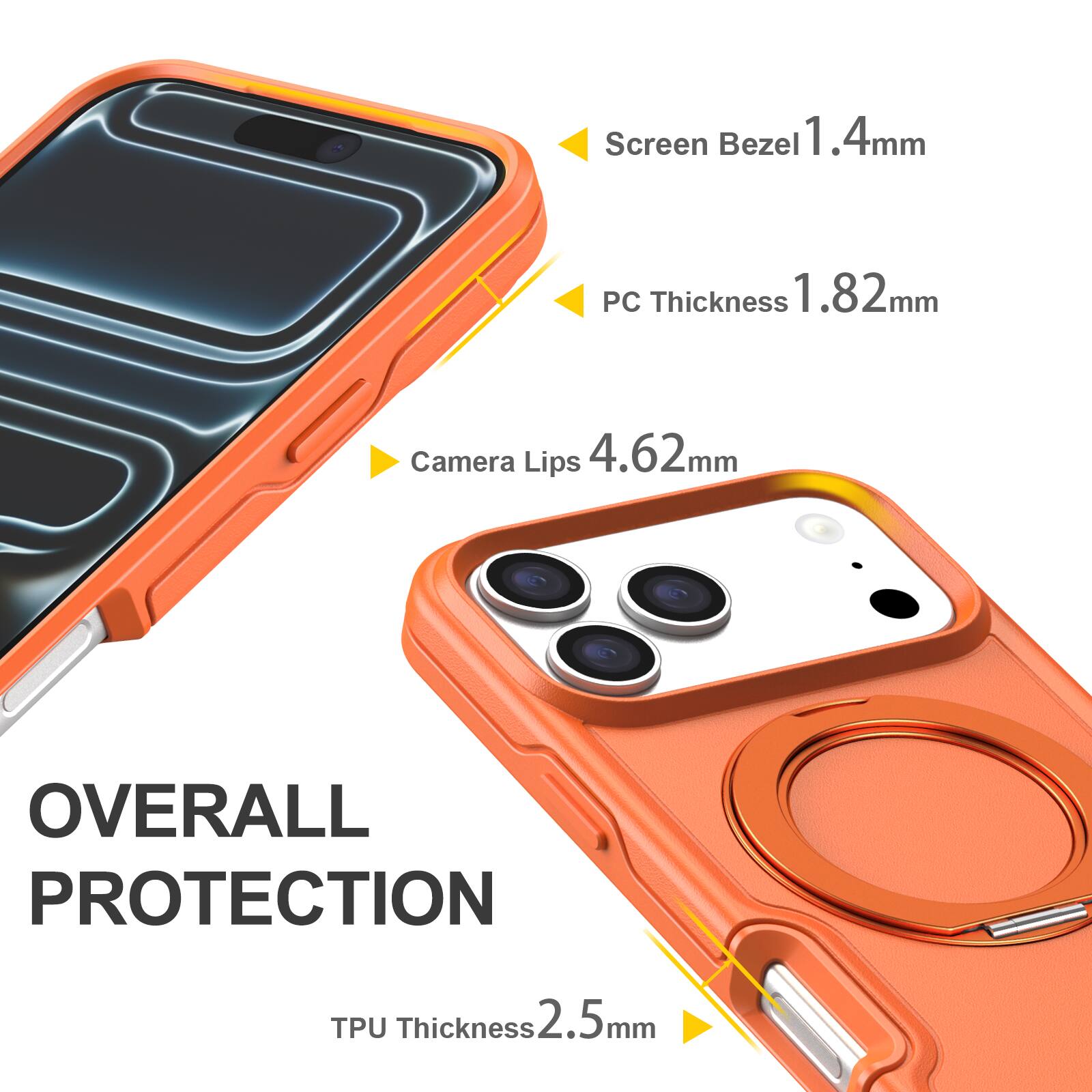 Screen Bezel 1.4mm  
PC Thickness 1.82mm  
Camera Lips 4.62mm  
TPU Thickness 2.5mm