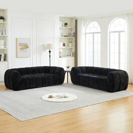 Anysun - Chenille Pure Foam Sofa Set – 3+3 Modern Quilted Cloud Sofa, Deep-Seat Chenille Sofa, Comfortable Two 3-Seater Sofas - Black