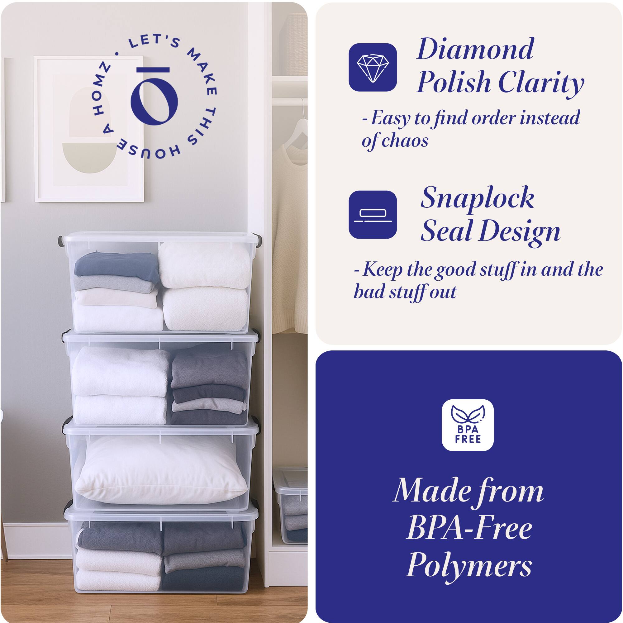 LET'S MAKE THIS HOUSE A HOME

Diamond Polish Clarity
- Easy to find order instead of chaos

Snaplock Seal Design
- Keep the good stuff in and the bad stuff out

Made from BPA-Free Polymers