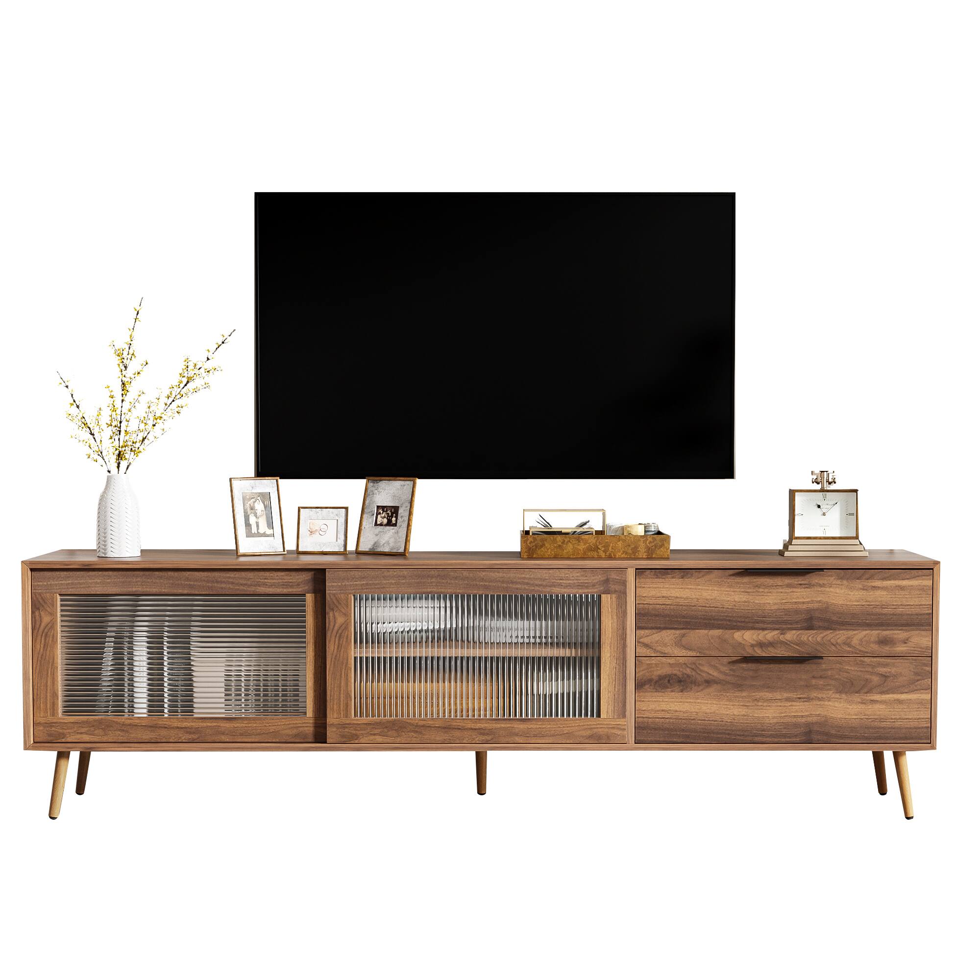 Alt View 5. MERAVOM - Modern TV Stand for TVs Up to 80", TV Console with 2 Glass Doors, Entertainment Center with 2 Drawers & Storage Cabinet - Walnut.