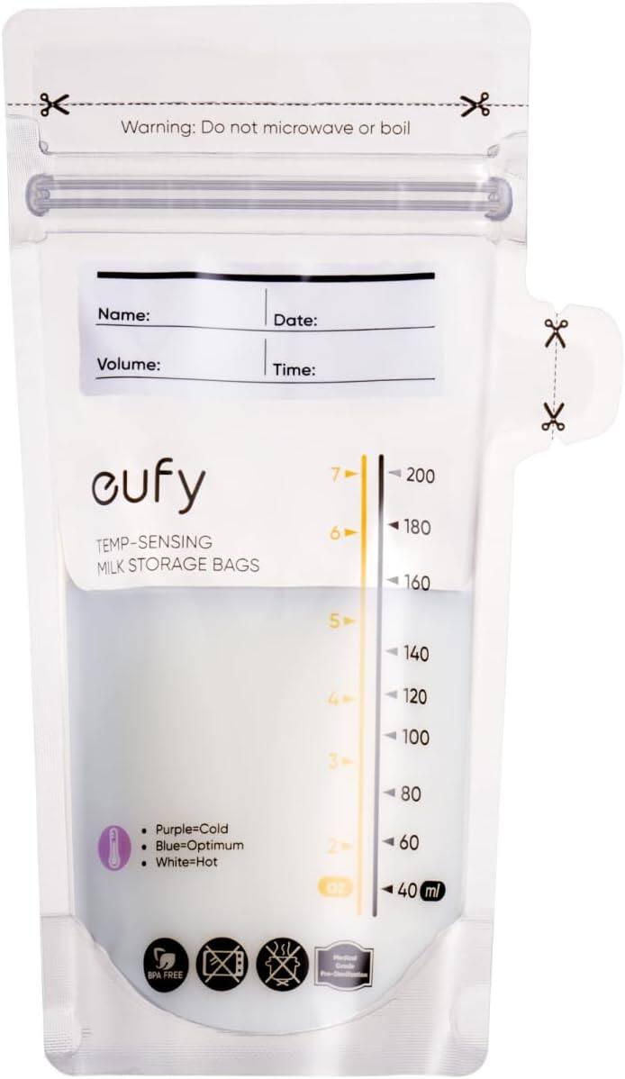 Warning: Do not microwave or boil

Name:  
Date:  
Volume:  
Time:  

cufy  
TEMP-SENSING MILK STORAGE BAGS  

7 - 200  
6 - 180  
5 - 160  
4 - 140  
3 - 120  
2 - 100  
1 - 80  
0 - 60  
0 - 40 ml  

Purple=Cold  
Blue=Optimum  
White=Hot  

BPA FREE