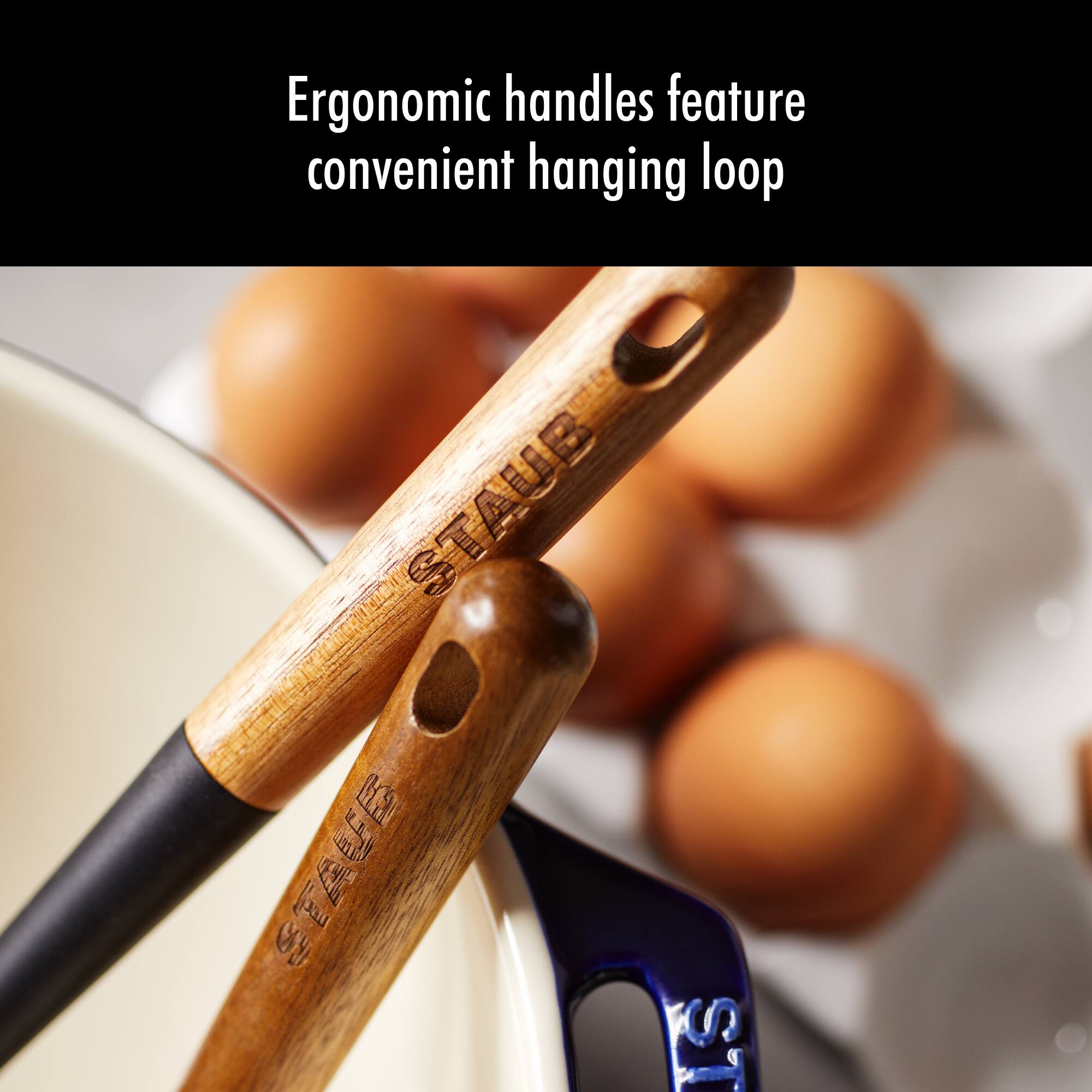 Ergonomic handles feature convenient hanging loop