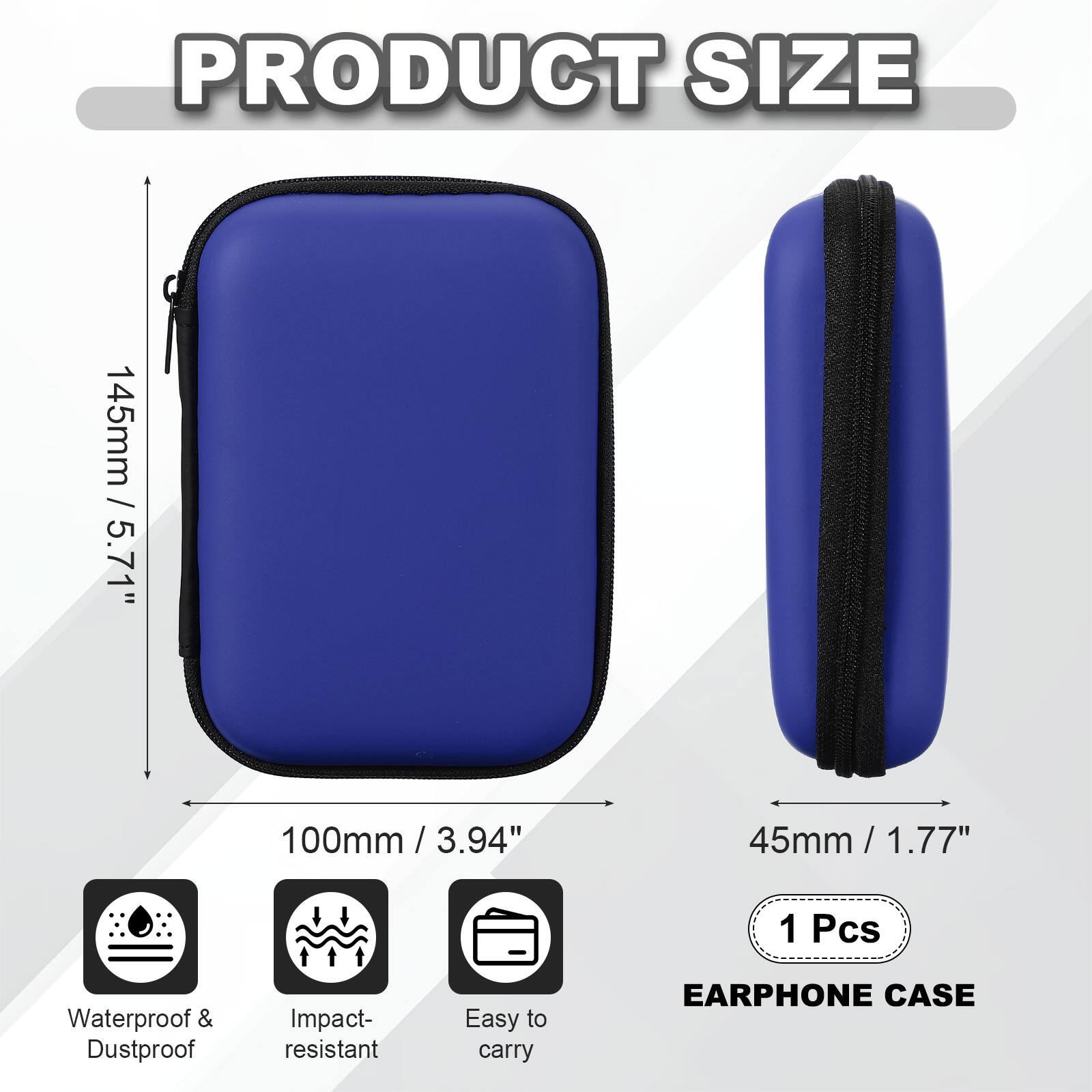 PRODUCT SIZE

145mm / 5.71"  
100mm / 3.94"  
45mm / 1.77"  

1 Pcs Waterproof & Dustproof Impact-resistant Easy to carry EARPHONE CASE