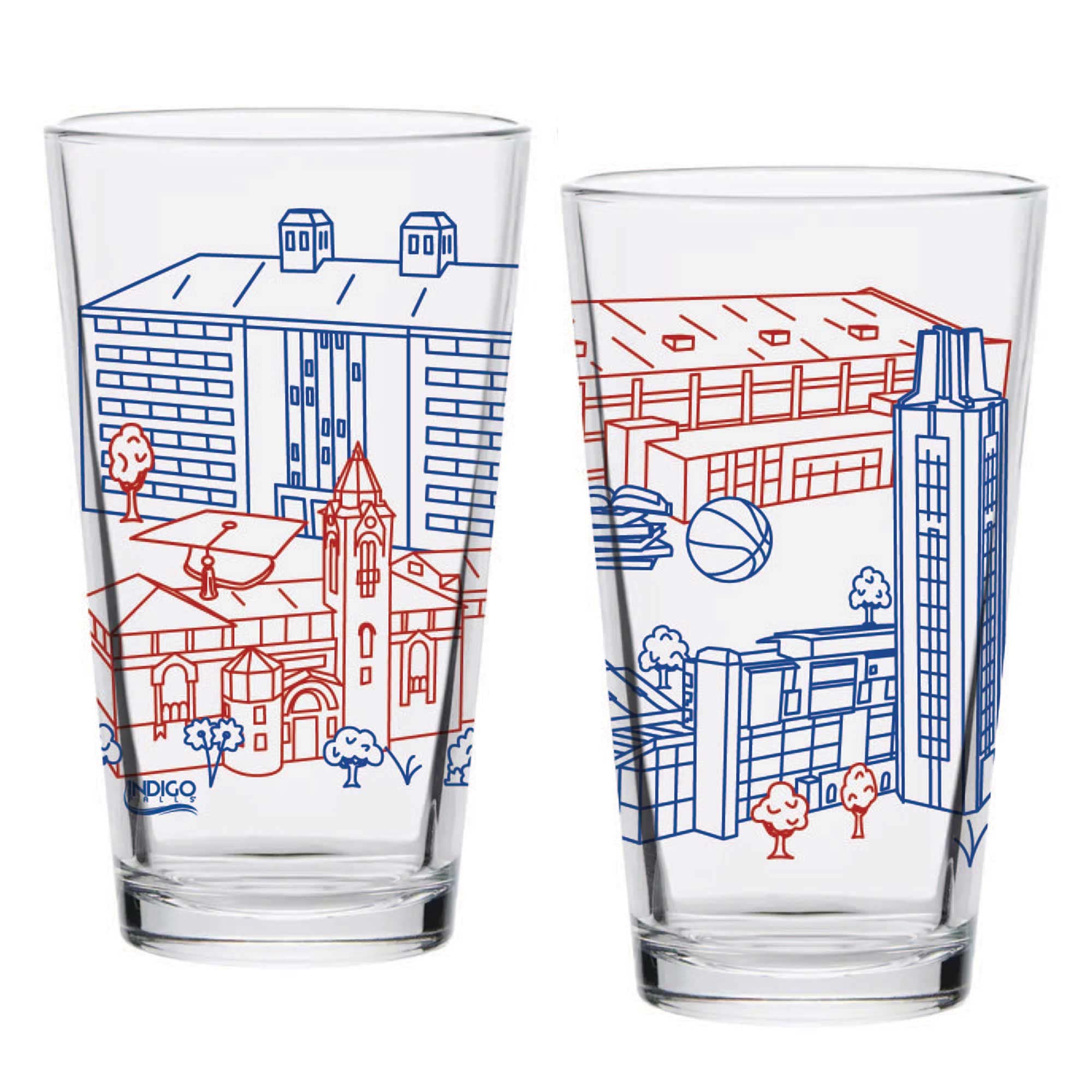 Alt View 1. Indigo Falls - Kansas Jayhawks Two-Pack 16oz. Campus Line Art Pint Glass Set - Multicolor.