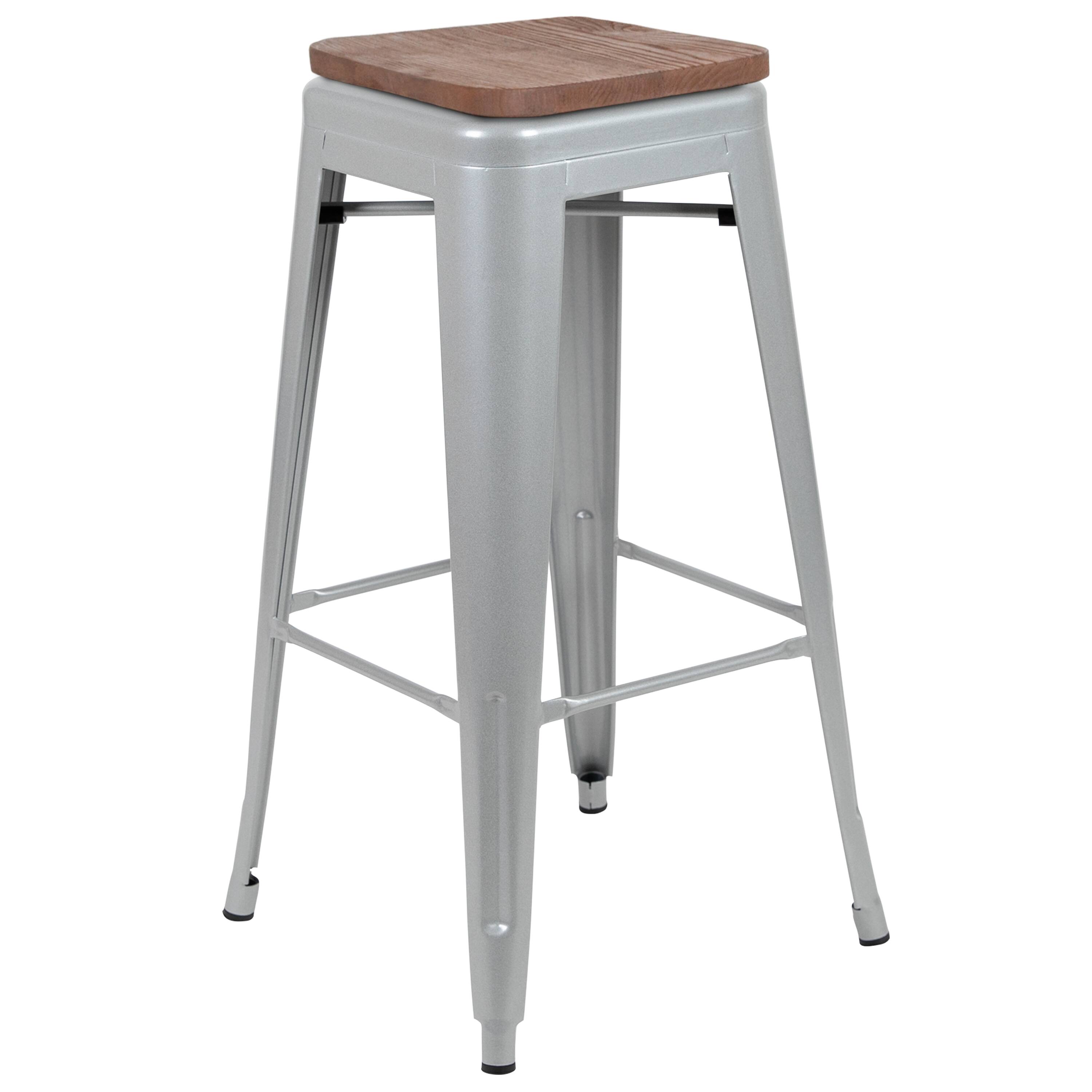 Alt View 15. Alamont Home - 30" High Metal Indoor Bar Stool with Wood Seat - Stackable Set of 4 - Silver.