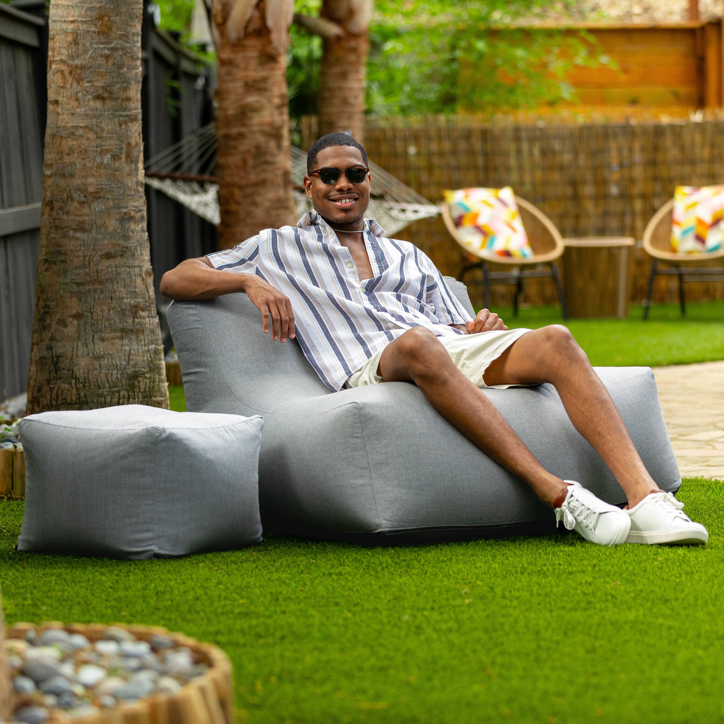 Left. Jaxx - Coza Outdoor Chair - Large Bean Bag Lounge Chair for Poolside & Patio Lounging - Sunbrella, Granite - Granite.